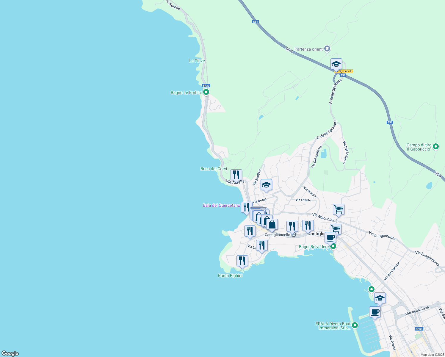 map of restaurants, bars, coffee shops, grocery stores, and more near 1035 Via Aurelia in Rosignano Solvay-Castiglioncello