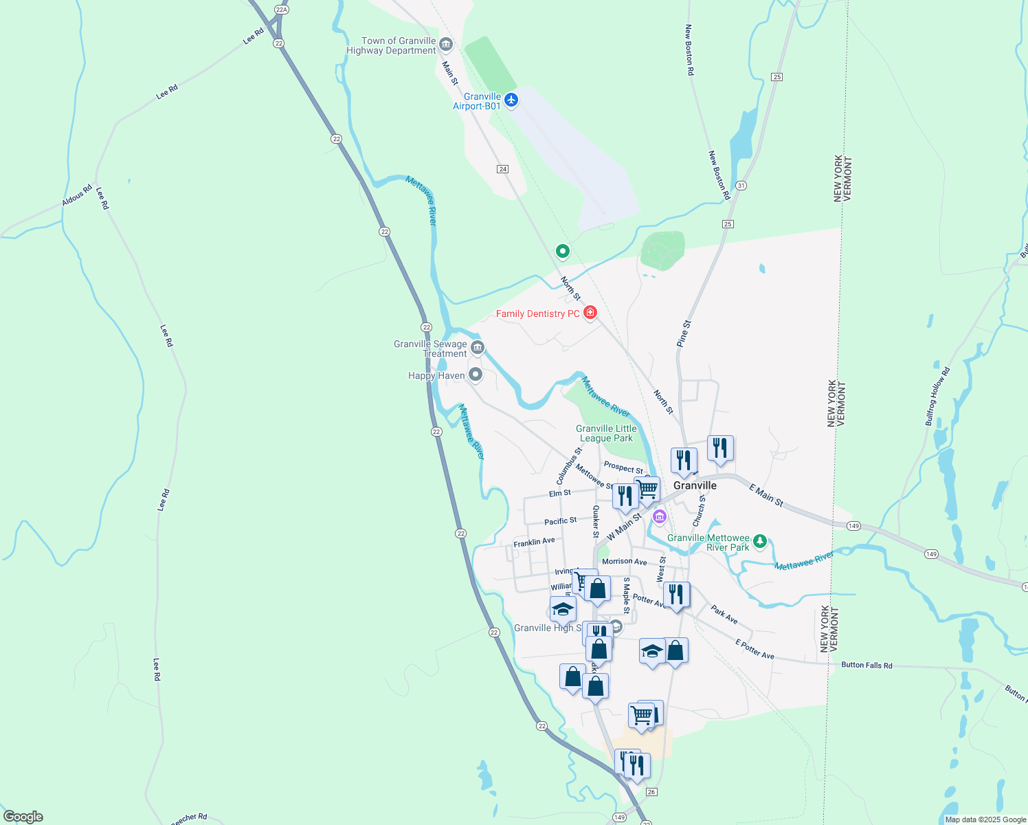 map of restaurants, bars, coffee shops, grocery stores, and more near 64 Mettowee Street in Granville