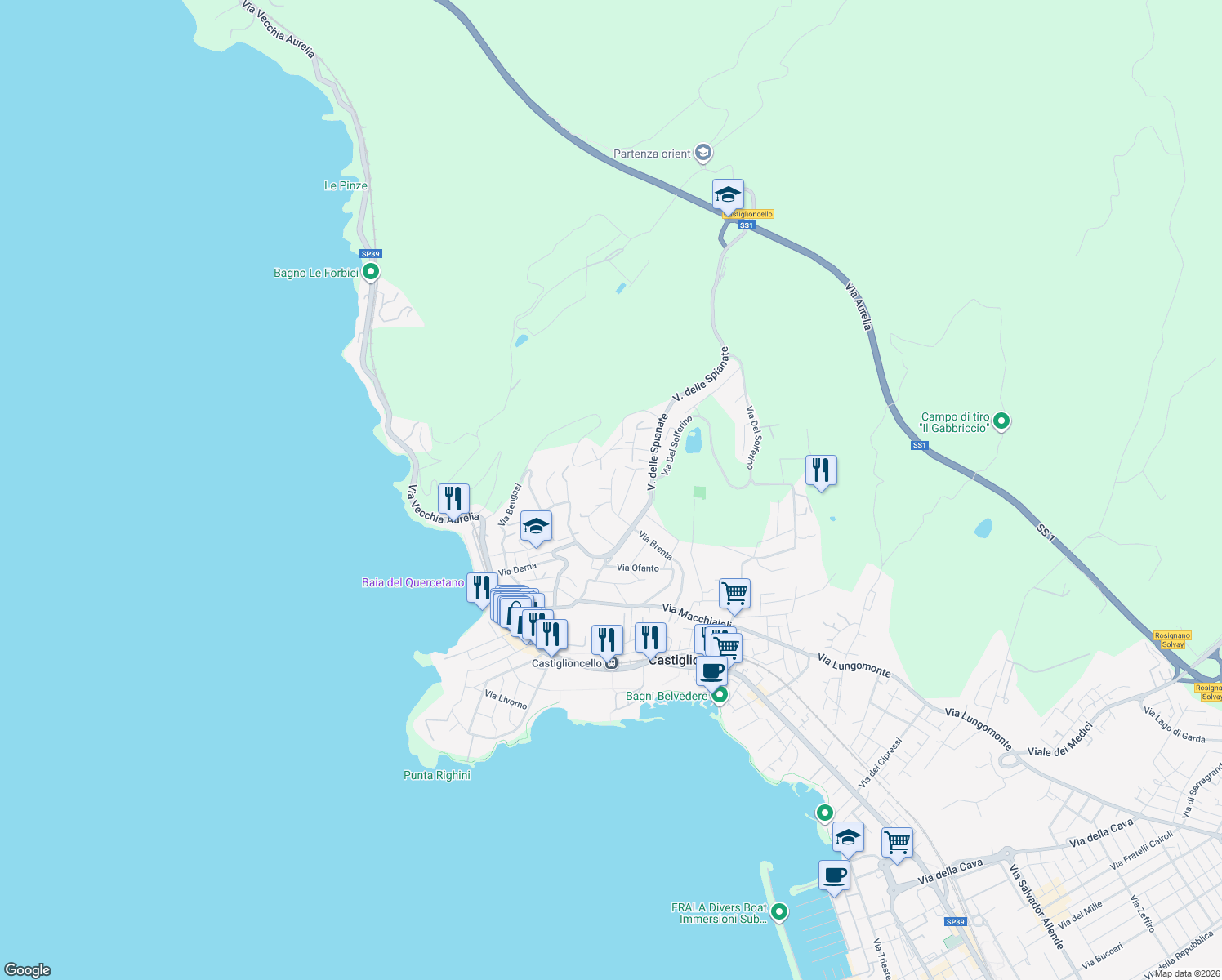 map of restaurants, bars, coffee shops, grocery stores, and more near 26 Via Ticino in Rosignano Solvay-Castiglioncello