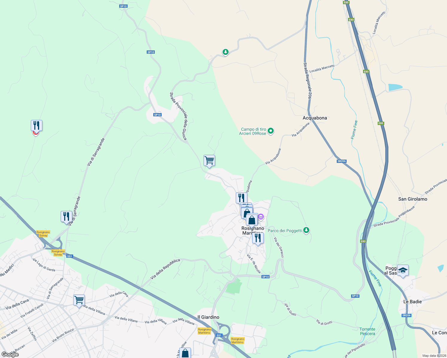 map of restaurants, bars, coffee shops, grocery stores, and more near 53 Via Molino a Vento in Rosignano Marittimo