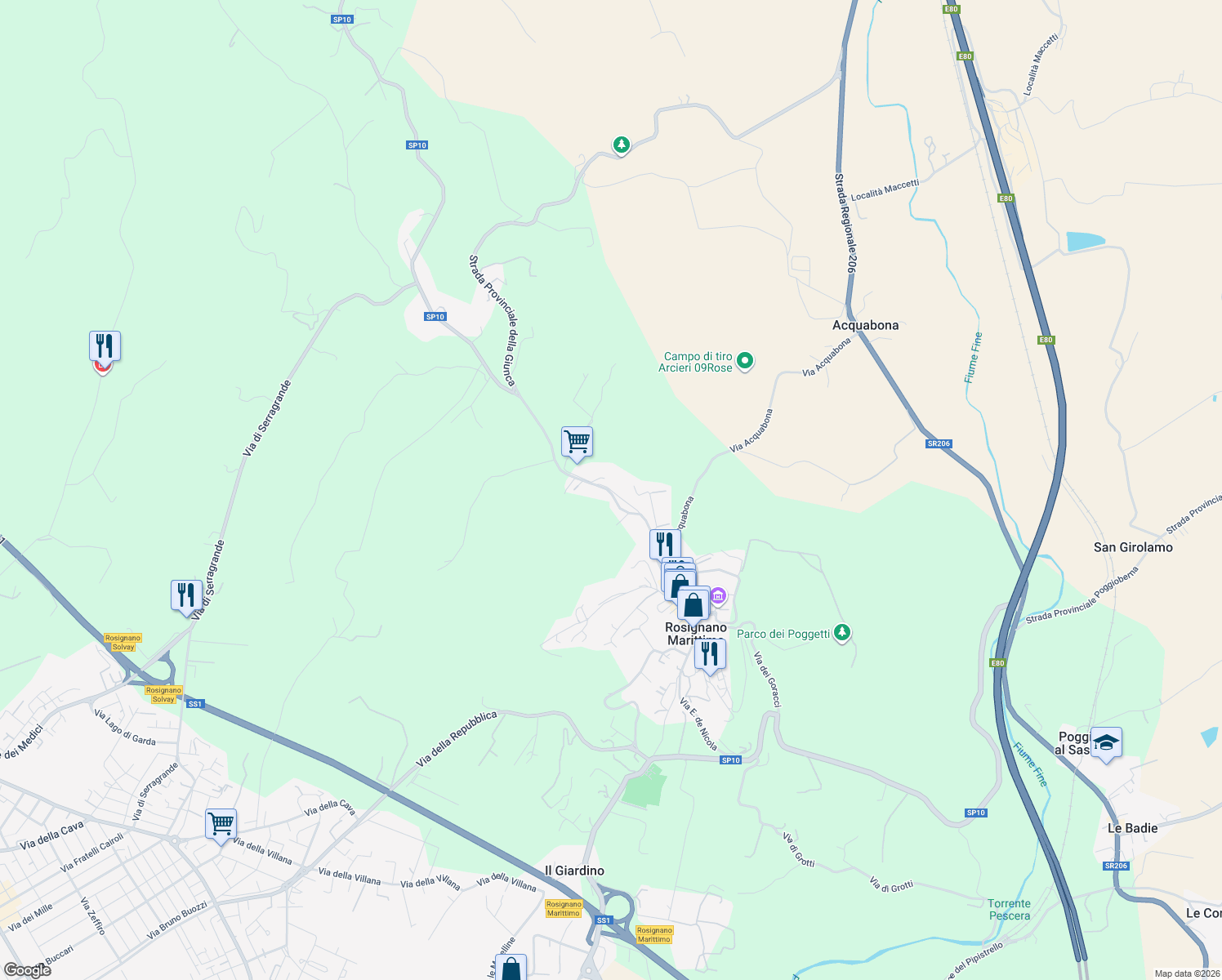 map of restaurants, bars, coffee shops, grocery stores, and more near 53 Via Molino a Vento in Rosignano Marittimo