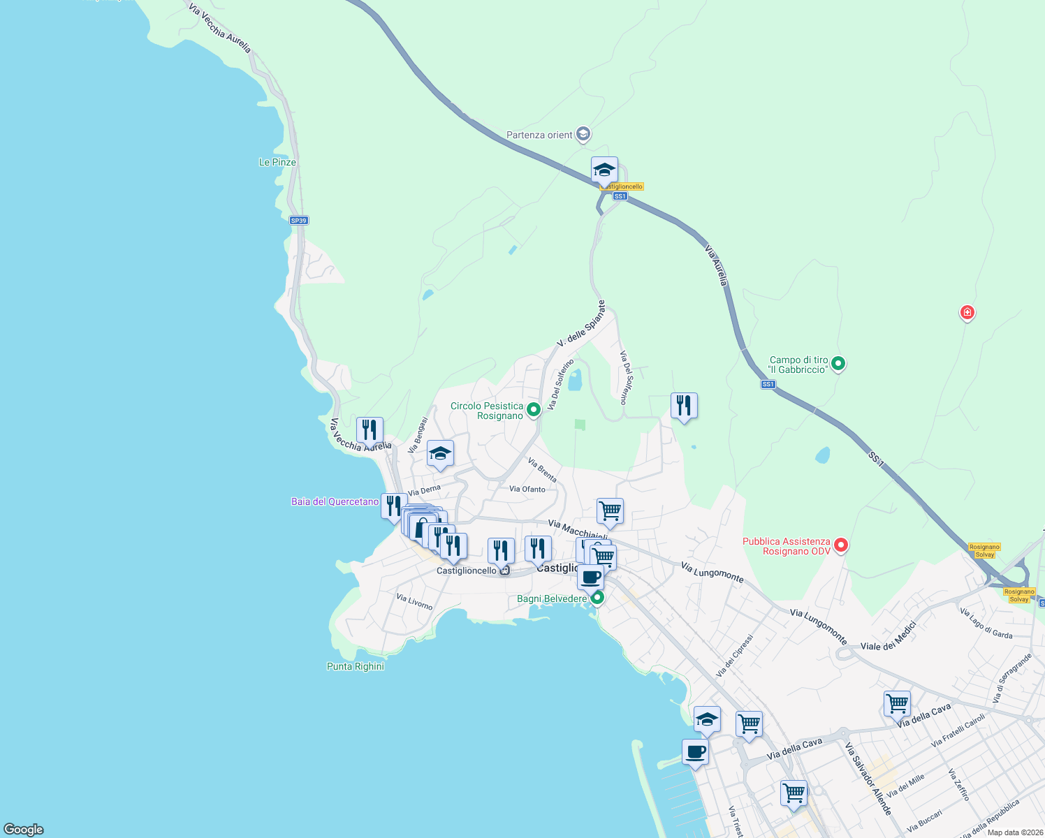 map of restaurants, bars, coffee shops, grocery stores, and more near 33 Via delle Spianate in Rosignano Solvay-Castiglioncello