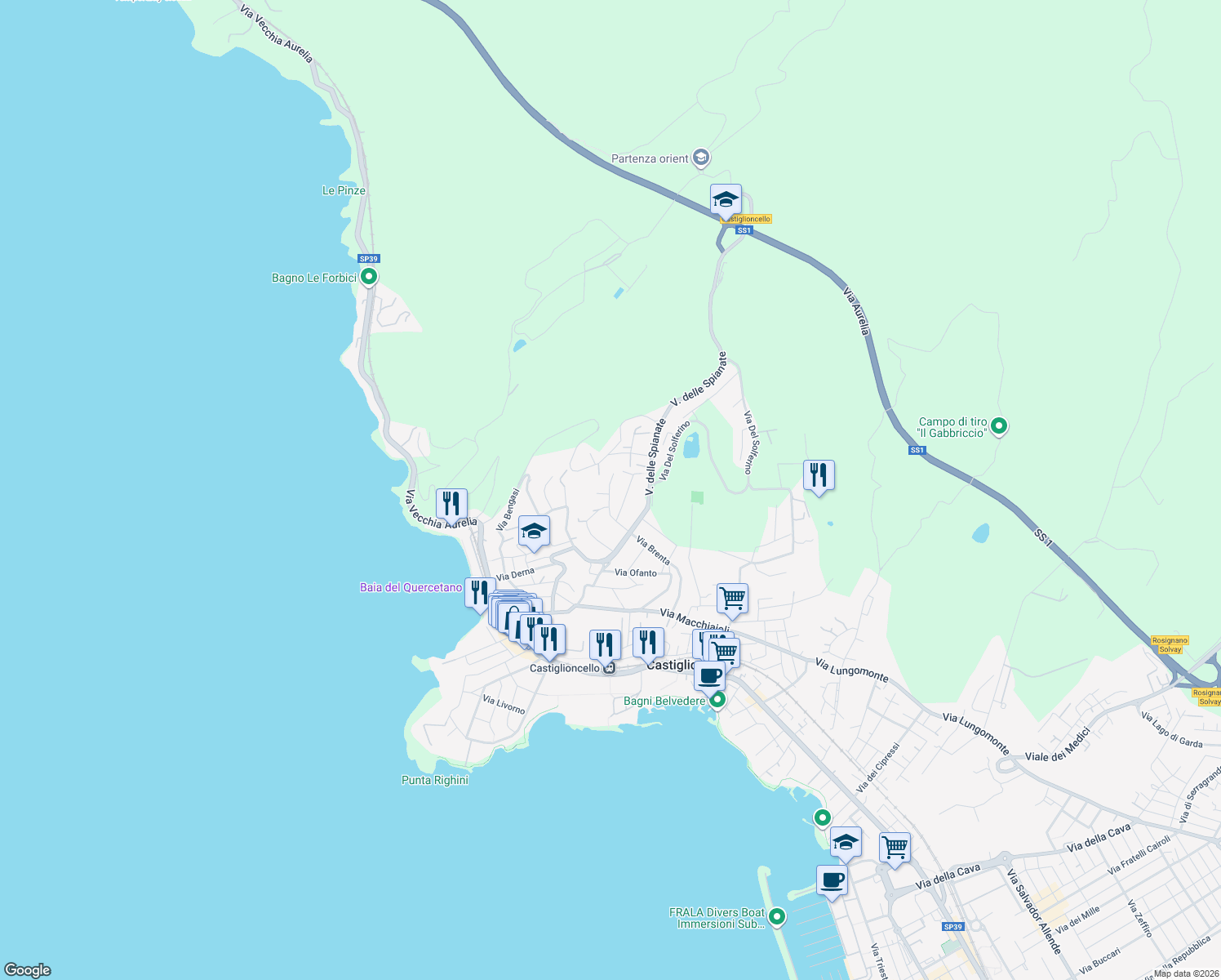 map of restaurants, bars, coffee shops, grocery stores, and more near 26 Via Ticino in Rosignano Solvay-Castiglioncello