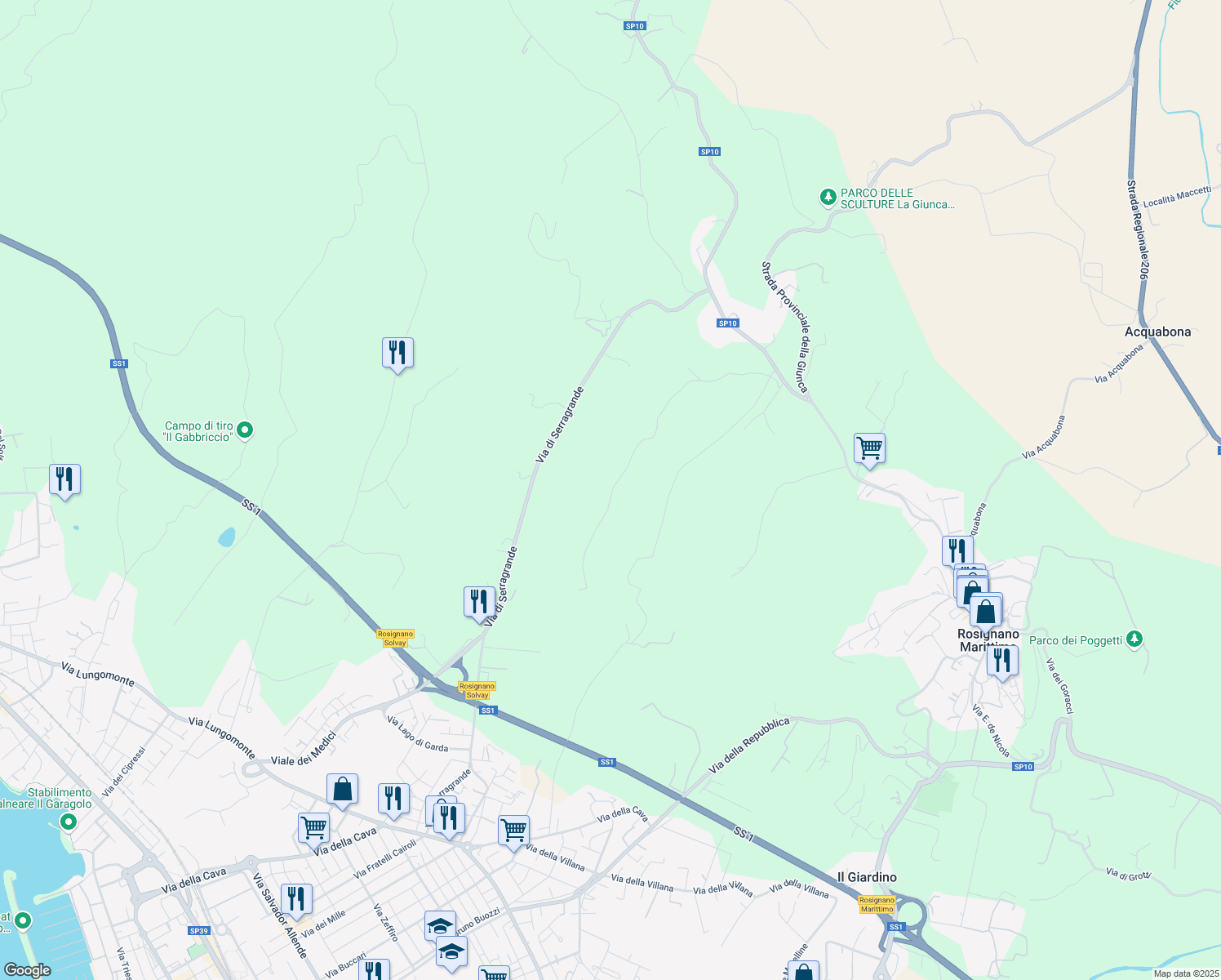 map of restaurants, bars, coffee shops, grocery stores, and more near 59 Località Col di Leccio in Provincia di Livorno