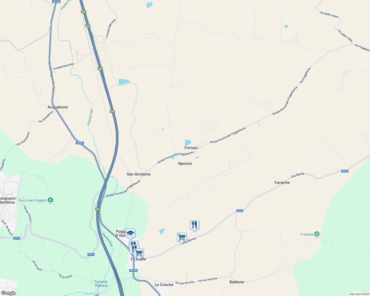 map of restaurants, bars, coffee shops, grocery stores, and more near 27 Via di Poggiberna in Fornaci