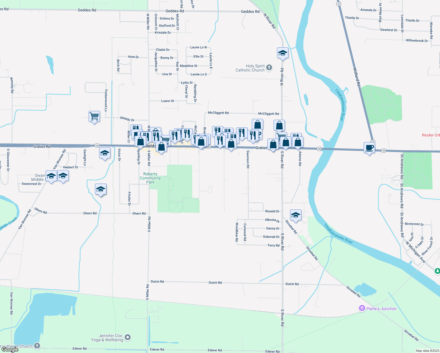 map of restaurants, bars, coffee shops, grocery stores, and more near 420 Lutzke Road in Saginaw