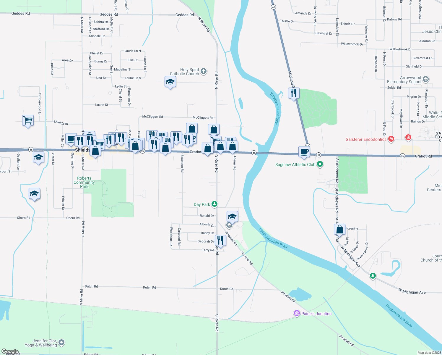 map of restaurants, bars, coffee shops, grocery stores, and more near 355 South River Road in Saginaw
