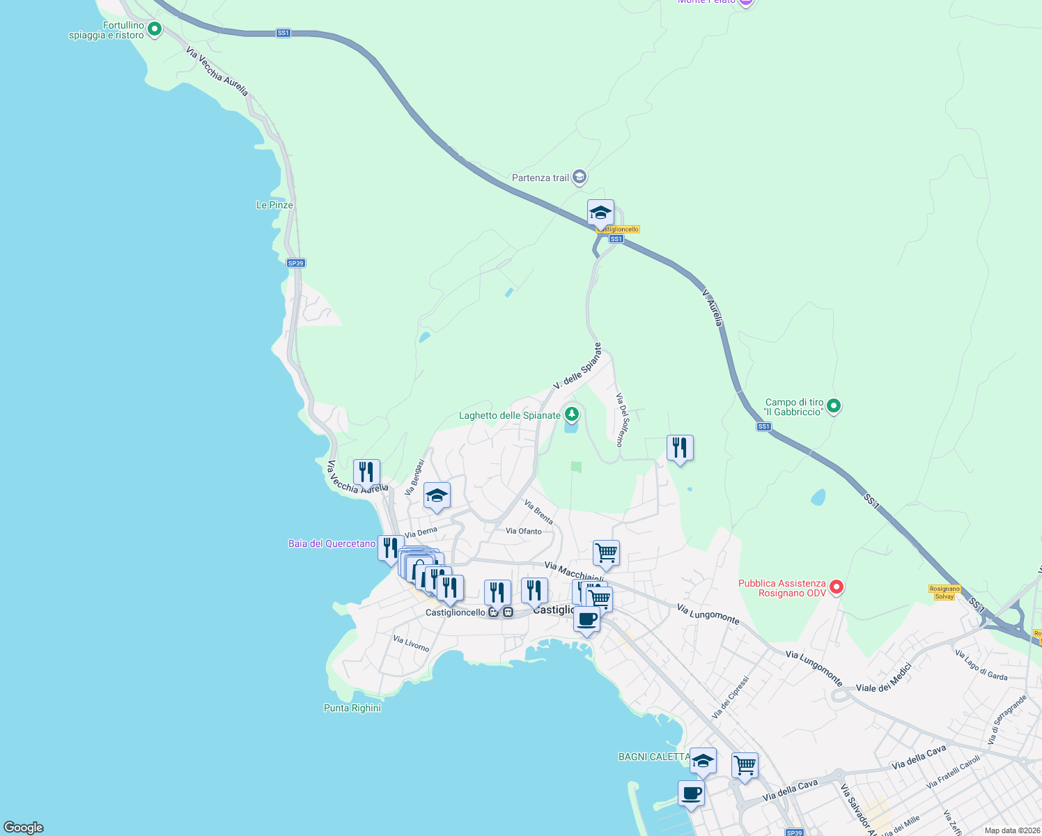 map of restaurants, bars, coffee shops, grocery stores, and more near 8 Via Adda in Rosignano Solvay-Castiglioncello