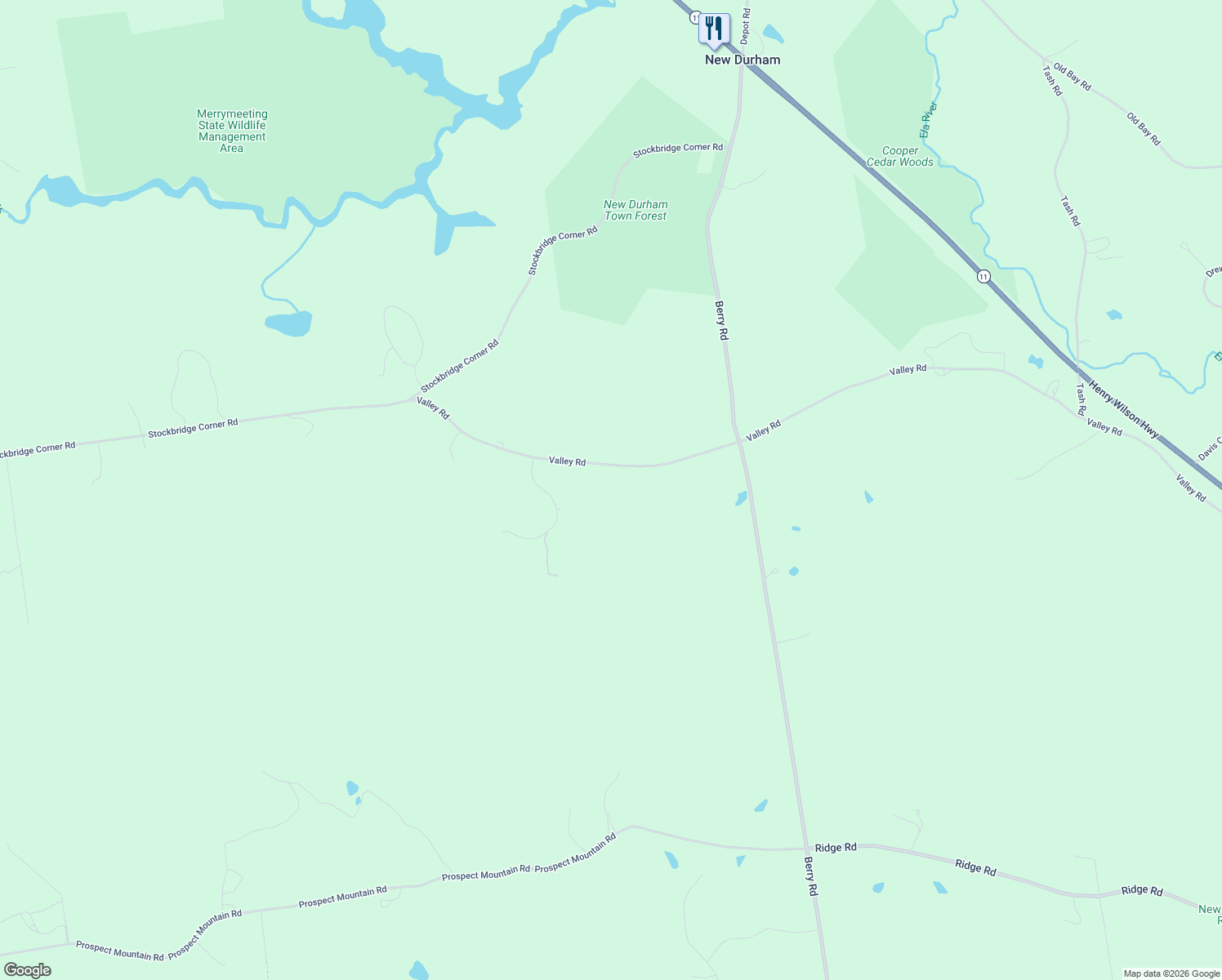 map of restaurants, bars, coffee shops, grocery stores, and more near 9 Valley Road in New Durham