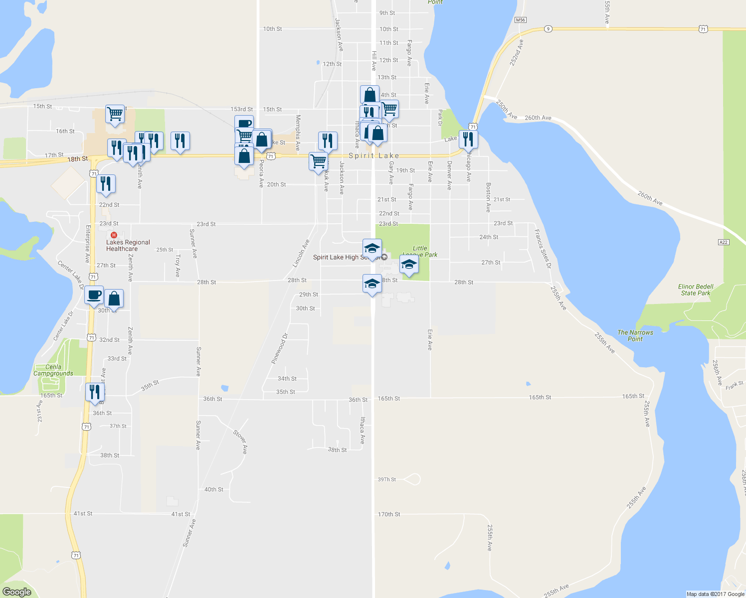 map of restaurants, bars, coffee shops, grocery stores, and more near 3118 245th Avenue in Spirit Lake