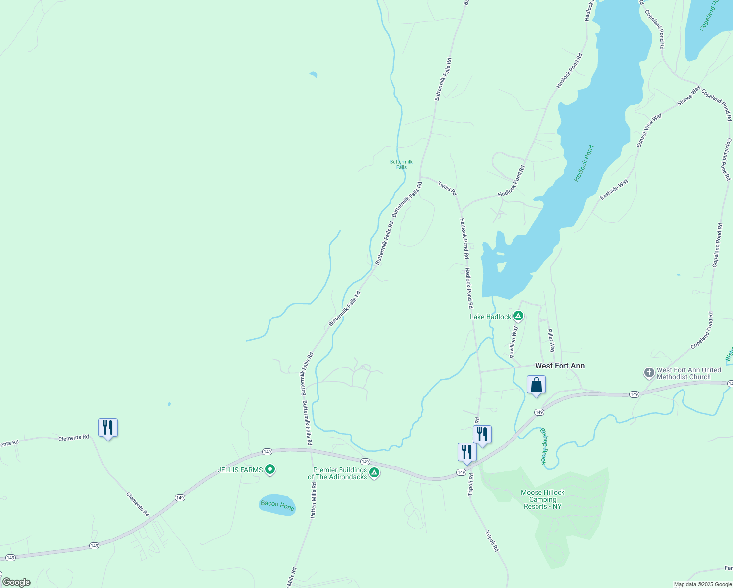 map of restaurants, bars, coffee shops, grocery stores, and more near 170 Buttermilk Falls Road in Fort Ann