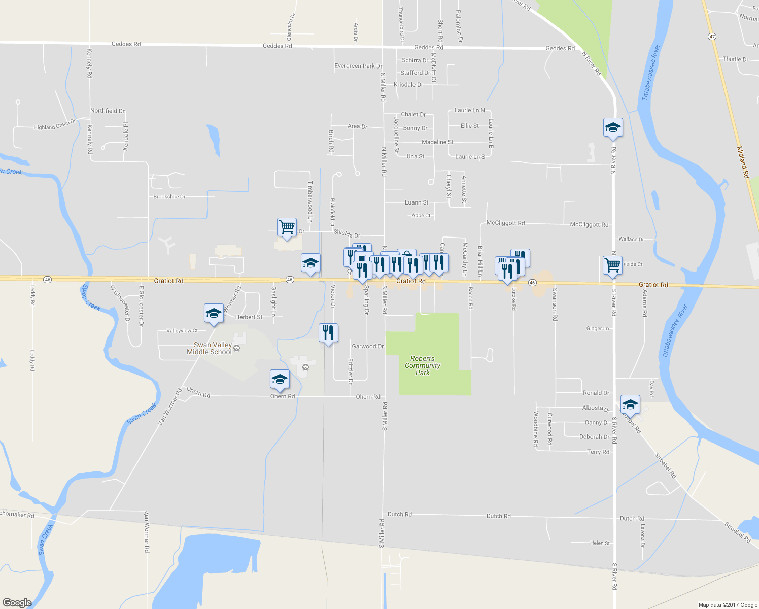 map of restaurants, bars, coffee shops, grocery stores, and more near 190 South Miller Road in Saginaw