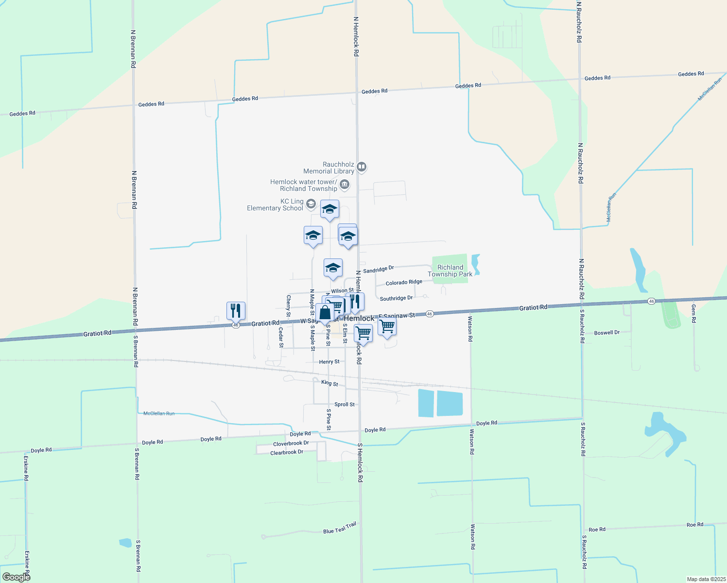 map of restaurants, bars, coffee shops, grocery stores, and more near 252 North Hemlock Road in Hemlock