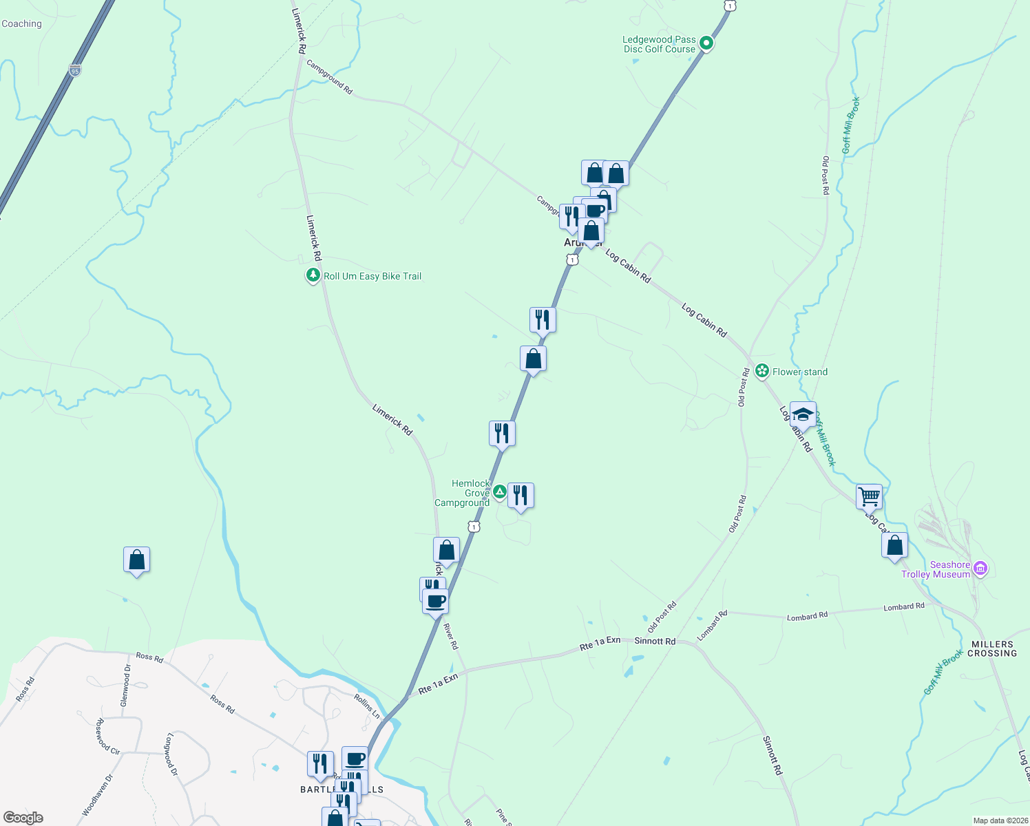 map of restaurants, bars, coffee shops, grocery stores, and more near 1434 Portland Road in Arundel