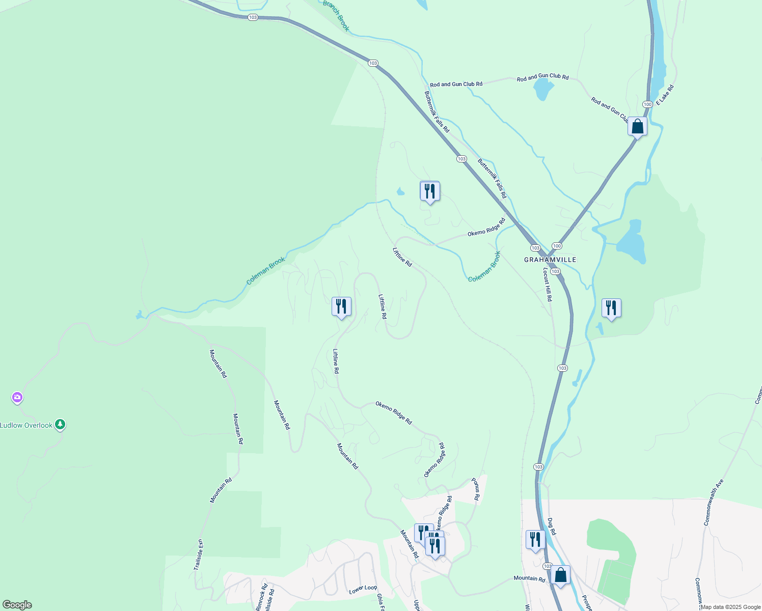 map of restaurants, bars, coffee shops, grocery stores, and more near 1070 Okemo Ridge Road in Windsor County