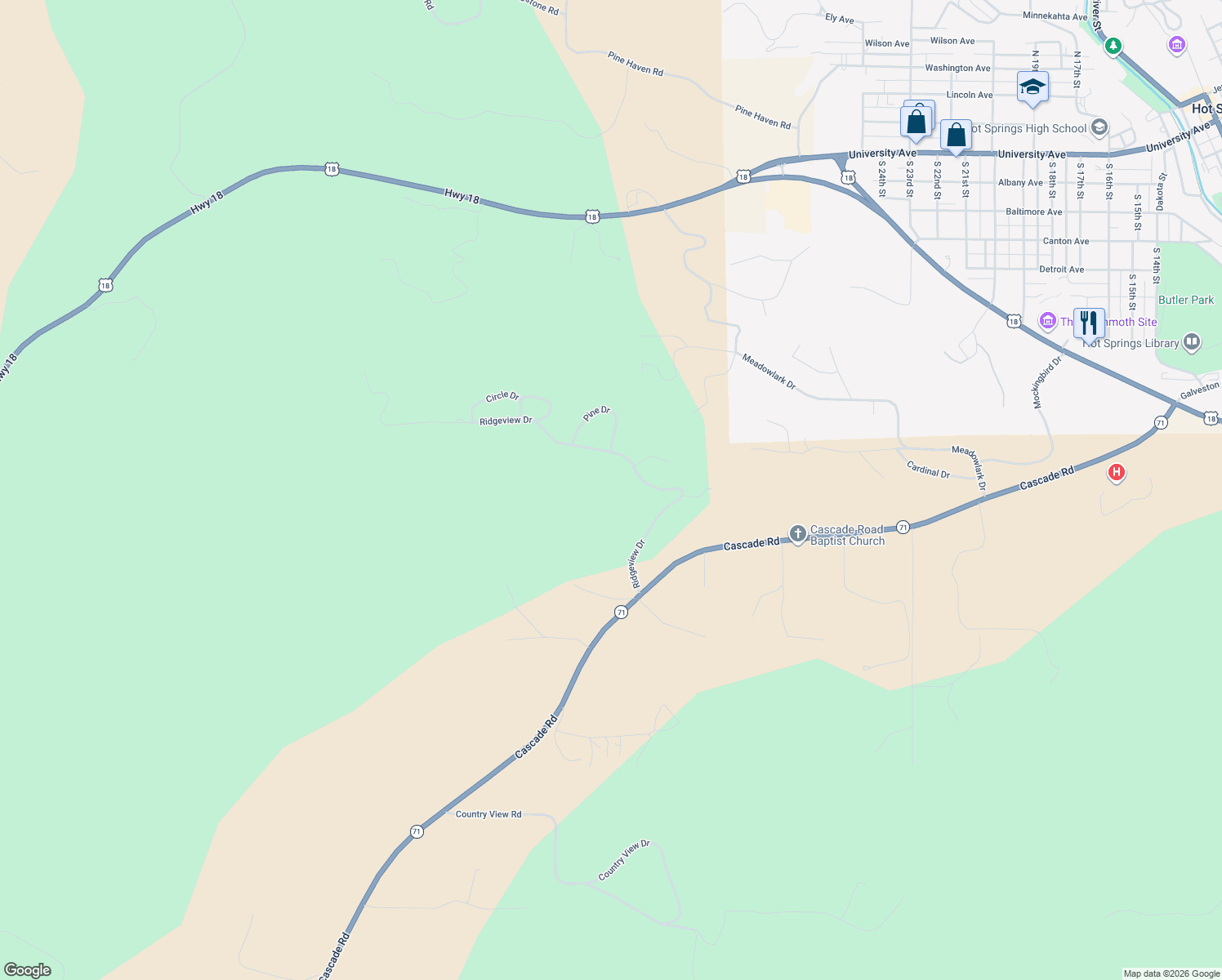 map of restaurants, bars, coffee shops, grocery stores, and more near 12713 Ridgeview Drive in Hot Springs