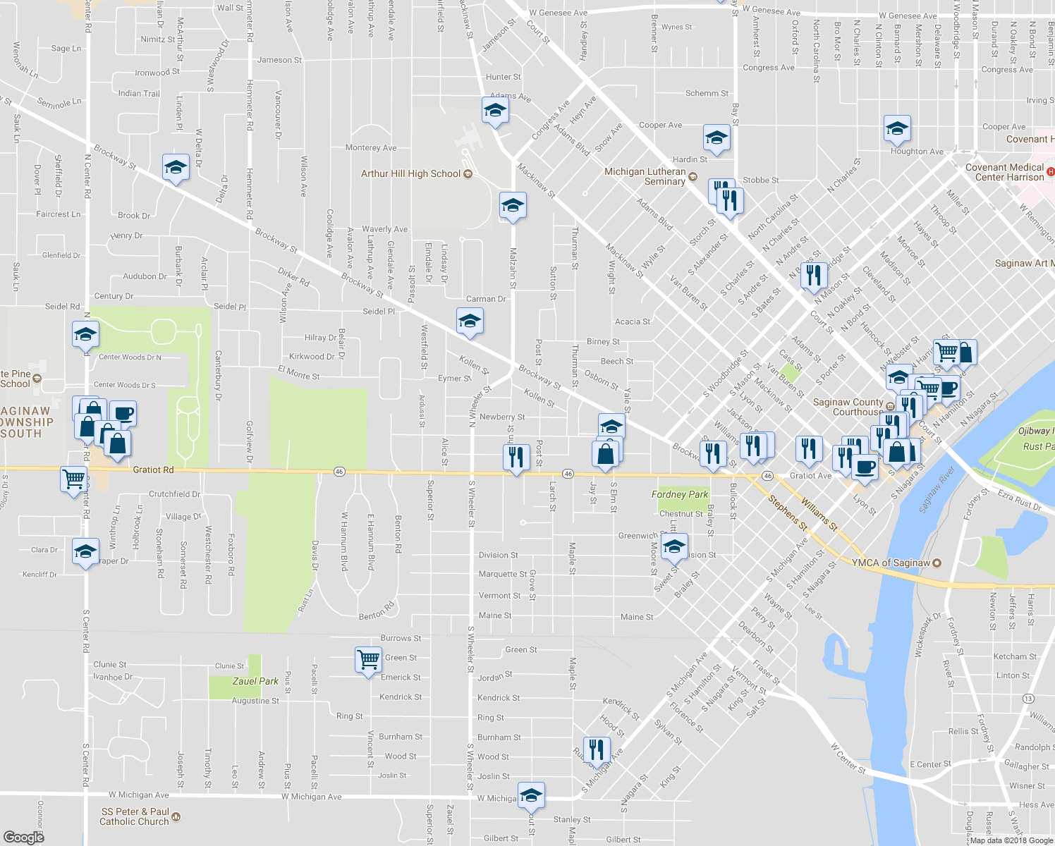 map of restaurants, bars, coffee shops, grocery stores, and more near 1819 Newberry Street in Saginaw