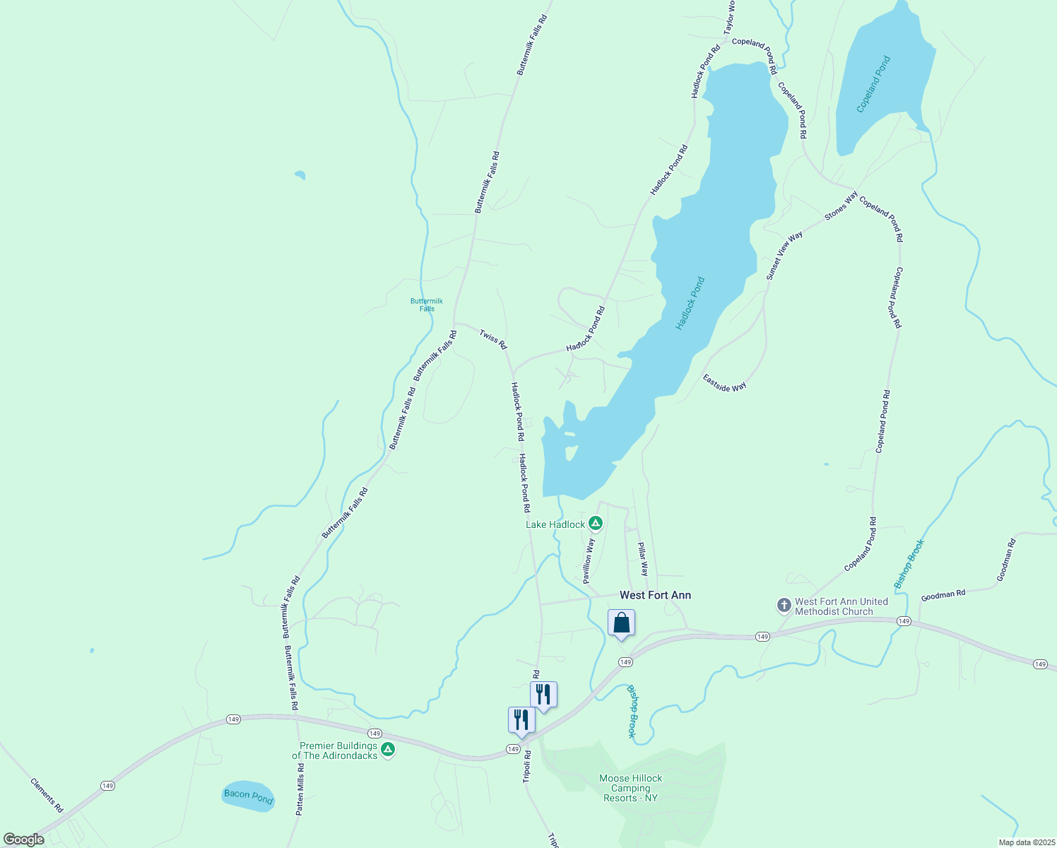 map of restaurants, bars, coffee shops, grocery stores, and more near 212 Hadlock Pond Road in Fort Ann