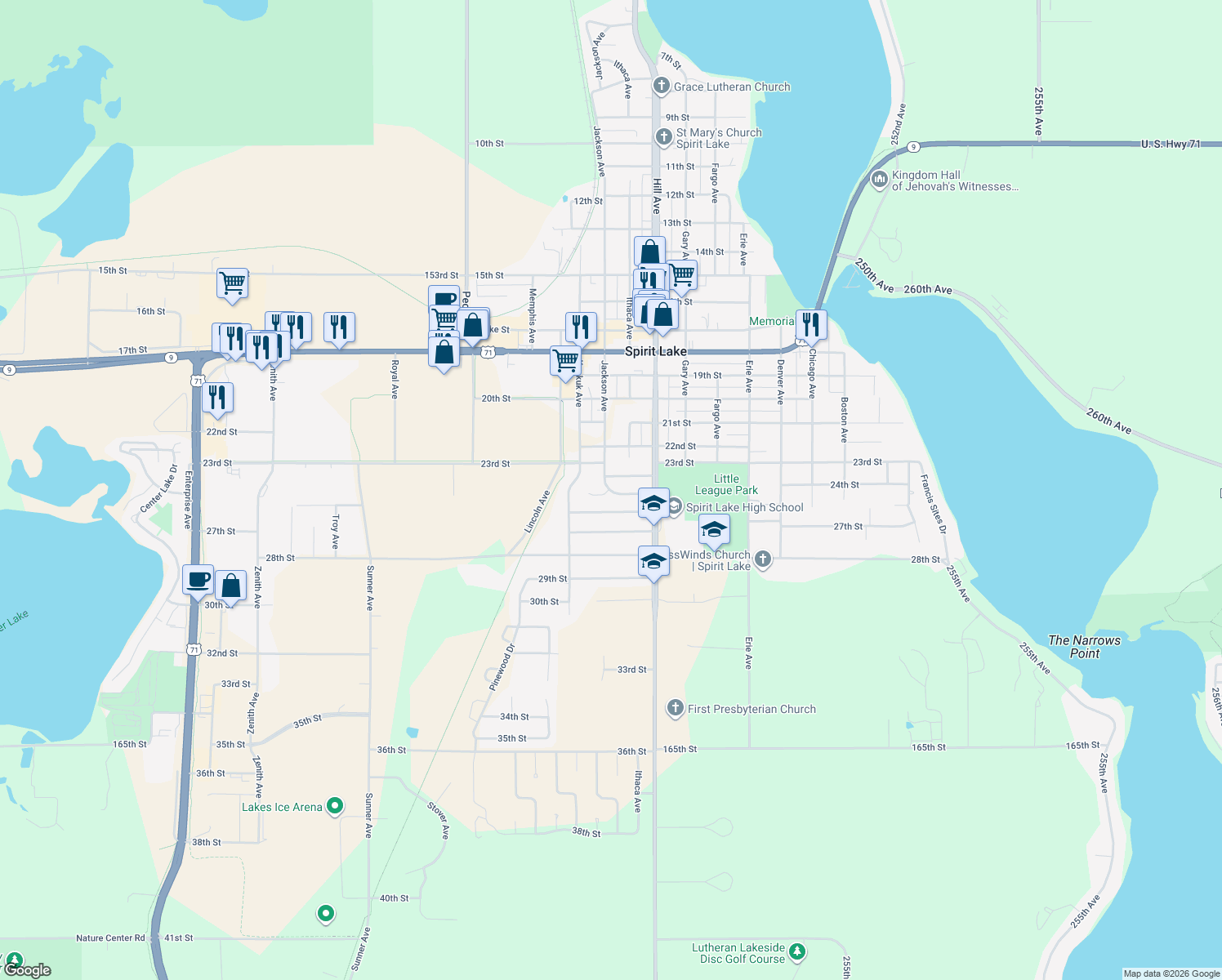 map of restaurants, bars, coffee shops, grocery stores, and more near 998 25th St in Spirit Lake