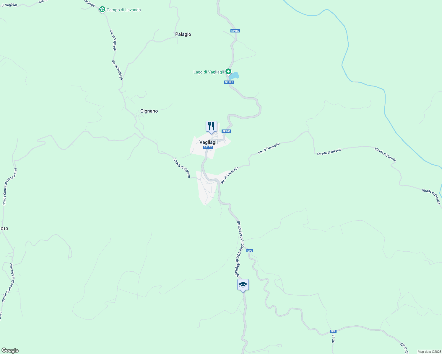 map of restaurants, bars, coffee shops, grocery stores, and more near 19 Via del Taglio in Vagliagli