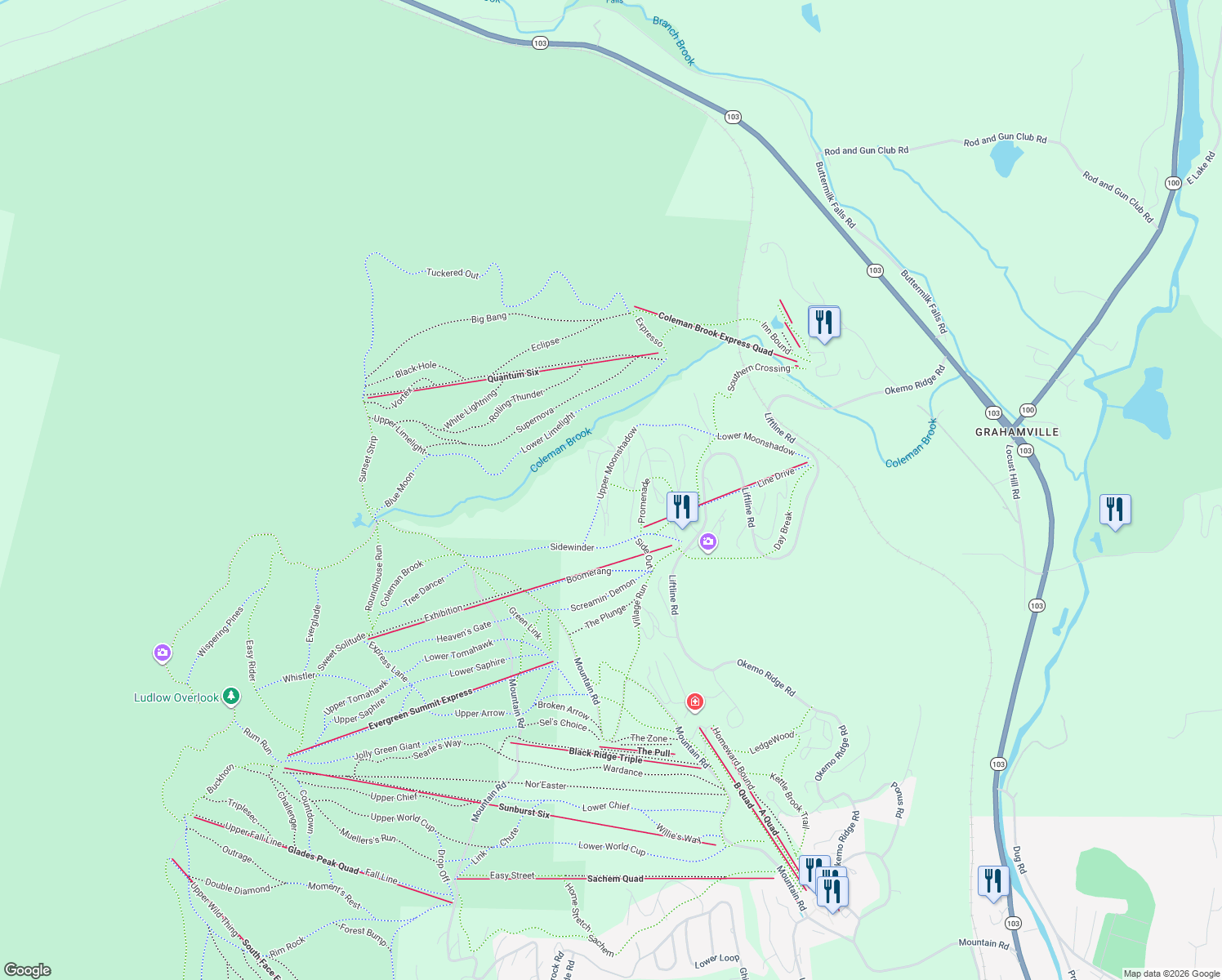 map of restaurants, bars, coffee shops, grocery stores, and more near 165 Moonshadow Drive in Windsor County
