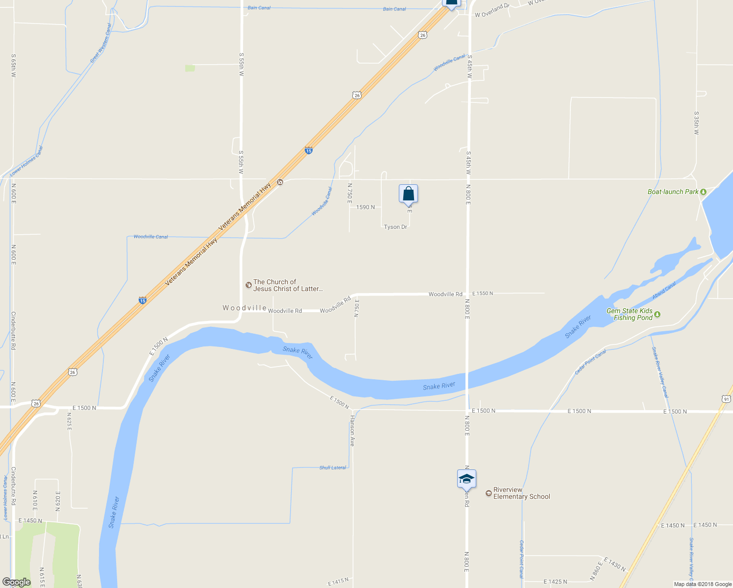 map of restaurants, bars, coffee shops, grocery stores, and more near 750 East 1550 North in Shelley