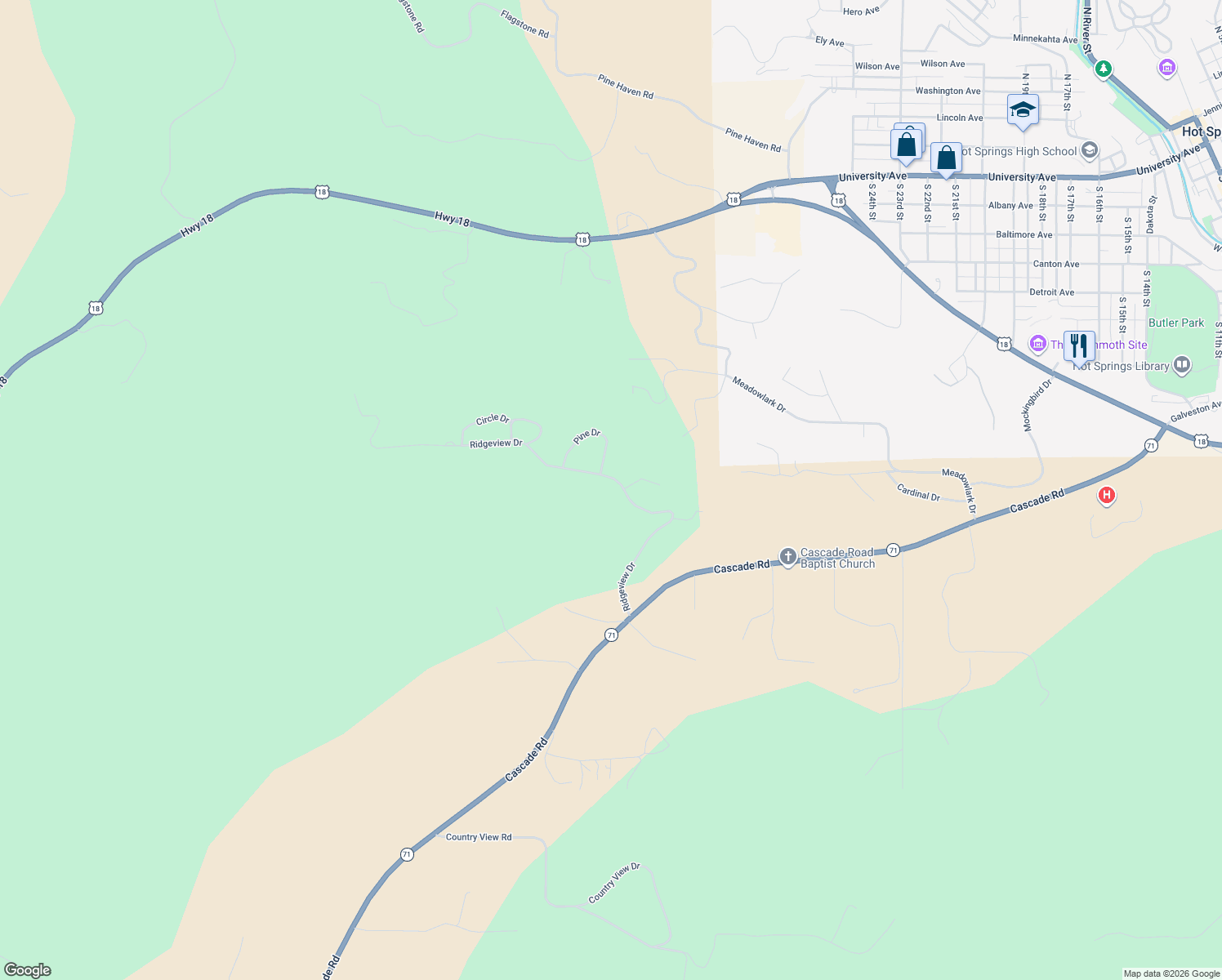 map of restaurants, bars, coffee shops, grocery stores, and more near 12713 Ridgeview Drive in Hot Springs