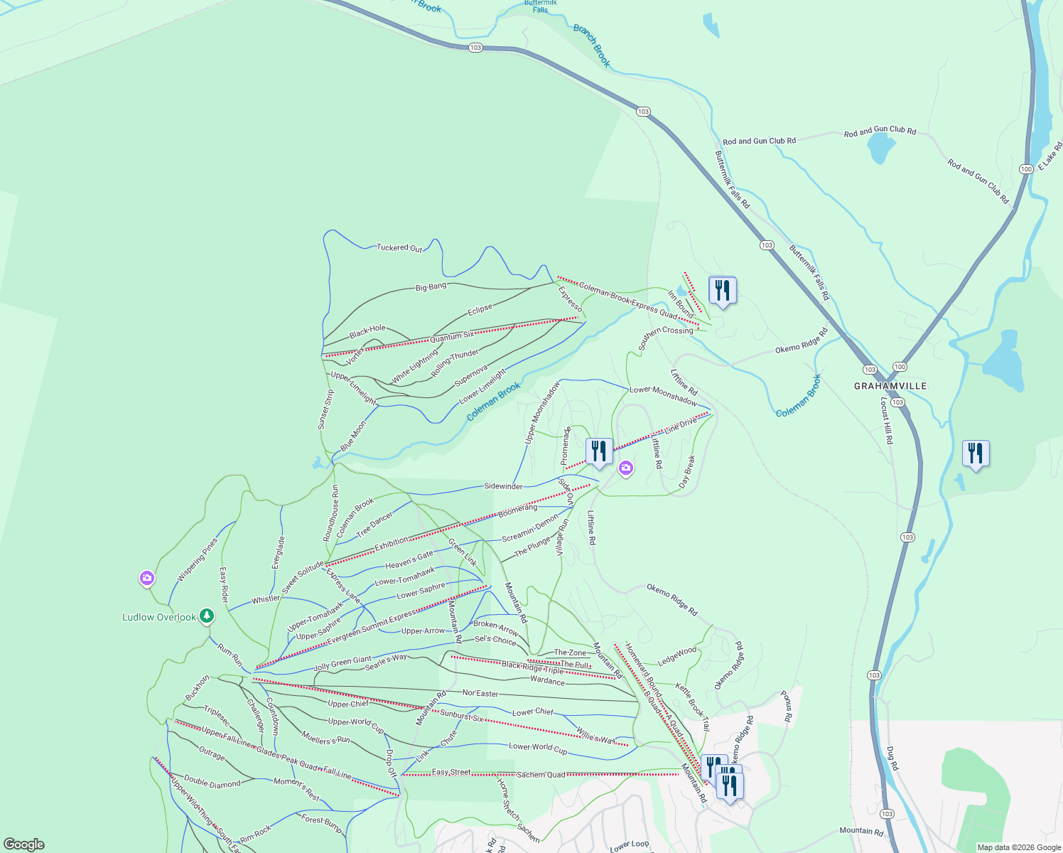 map of restaurants, bars, coffee shops, grocery stores, and more near 109 Moonshadow Drive in Windsor County