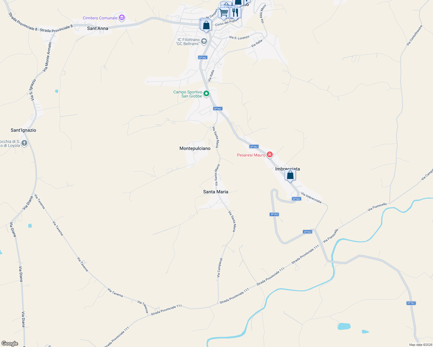 map of restaurants, bars, coffee shops, grocery stores, and more near 7 Via Santa Maria in Santa Maria