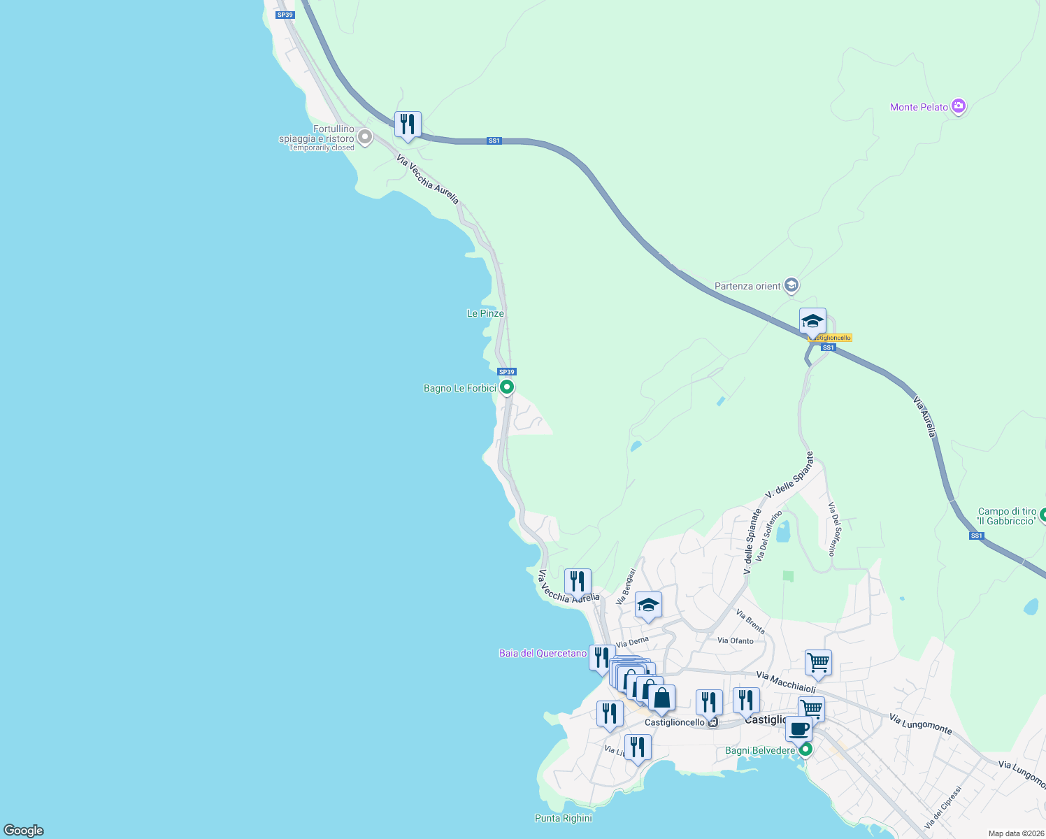 map of restaurants, bars, coffee shops, grocery stores, and more near 820 Via Vecchia Aurelia in Provincia di Livorno