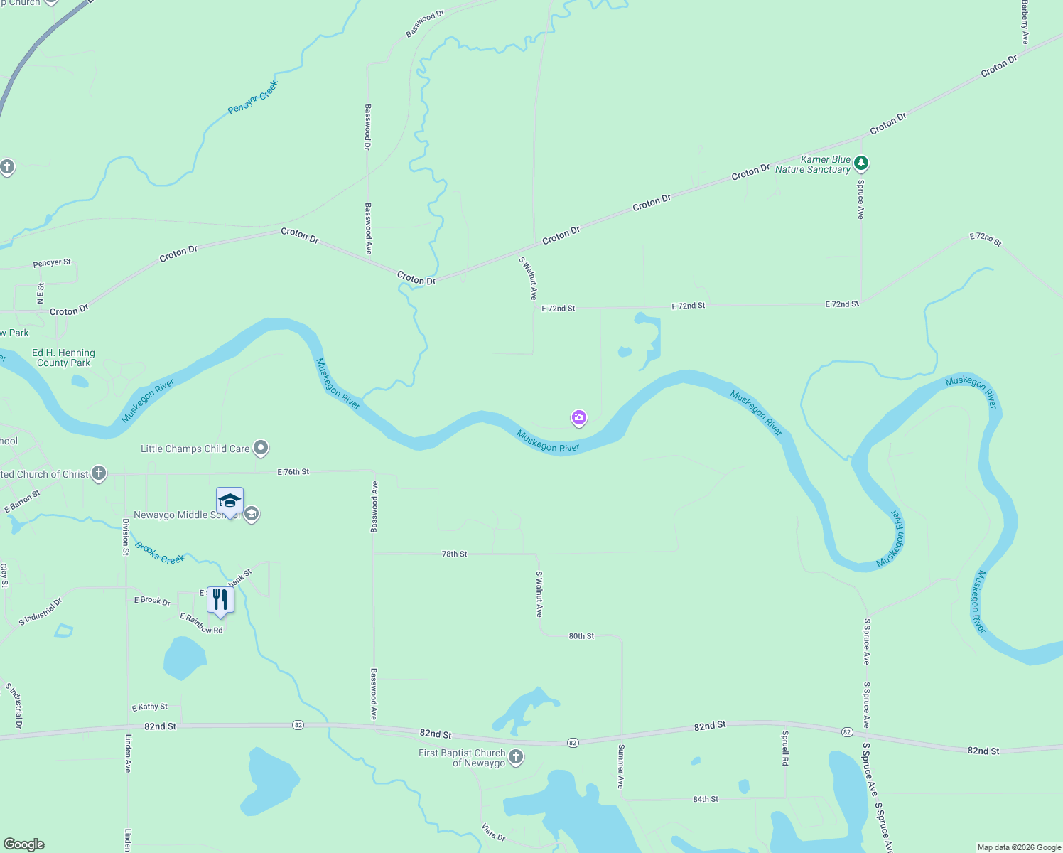 map of restaurants, bars, coffee shops, grocery stores, and more near 1552 Gardner Avenue in Newaygo