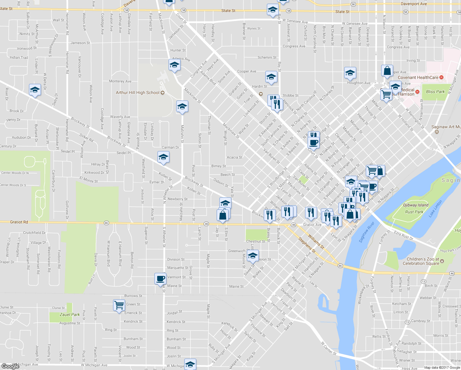 map of restaurants, bars, coffee shops, grocery stores, and more near 509 Yale Street in Saginaw