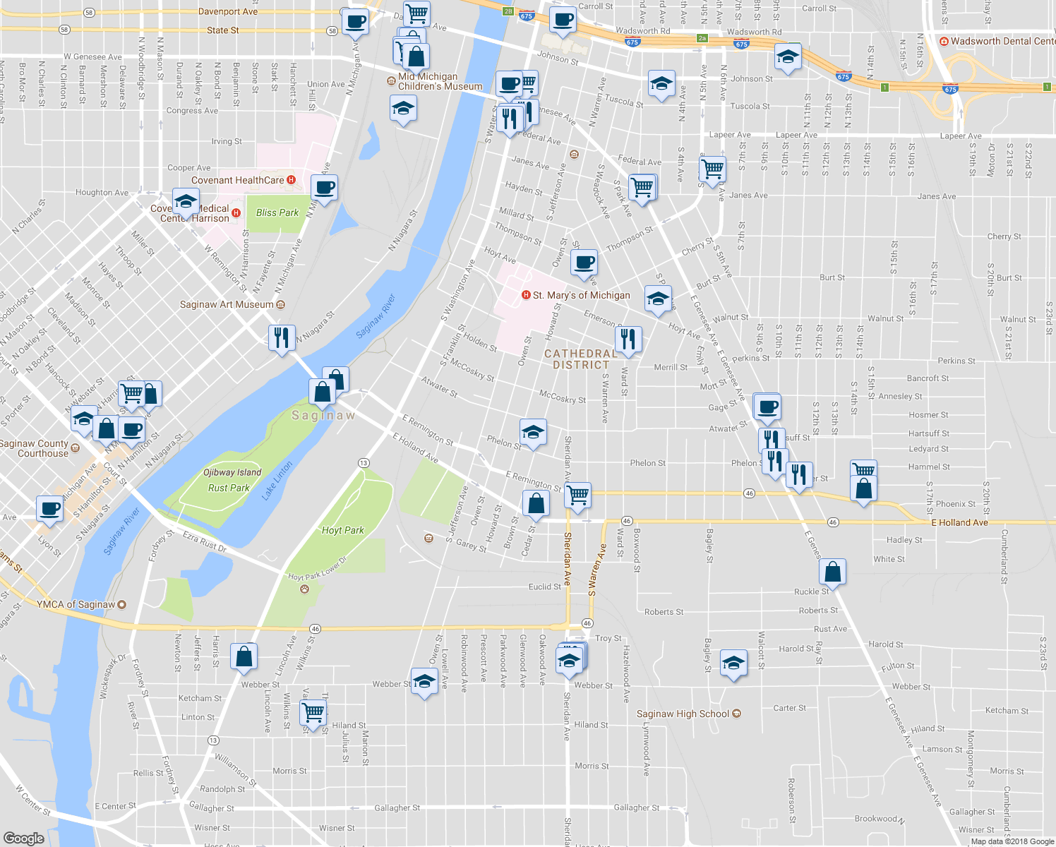 map of restaurants, bars, coffee shops, grocery stores, and more near 702 Atwater Street in Saginaw