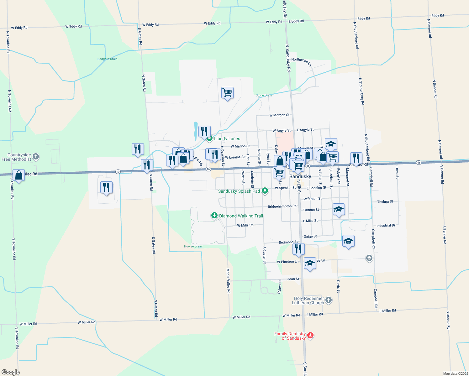 map of restaurants, bars, coffee shops, grocery stores, and more near 98 South Lamotte Street in Sandusky