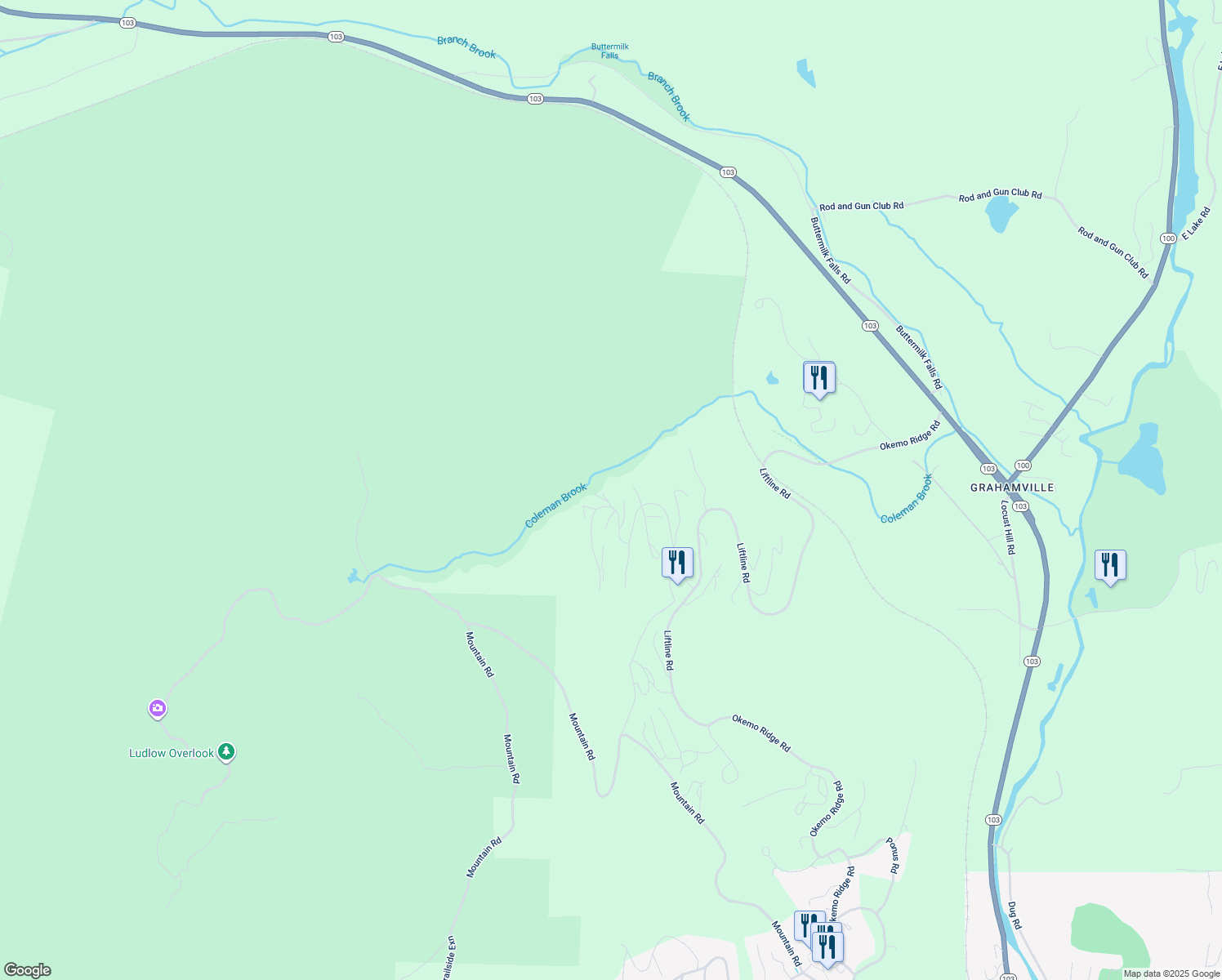 map of restaurants, bars, coffee shops, grocery stores, and more near 21 Coleman Brook Road in Windsor County