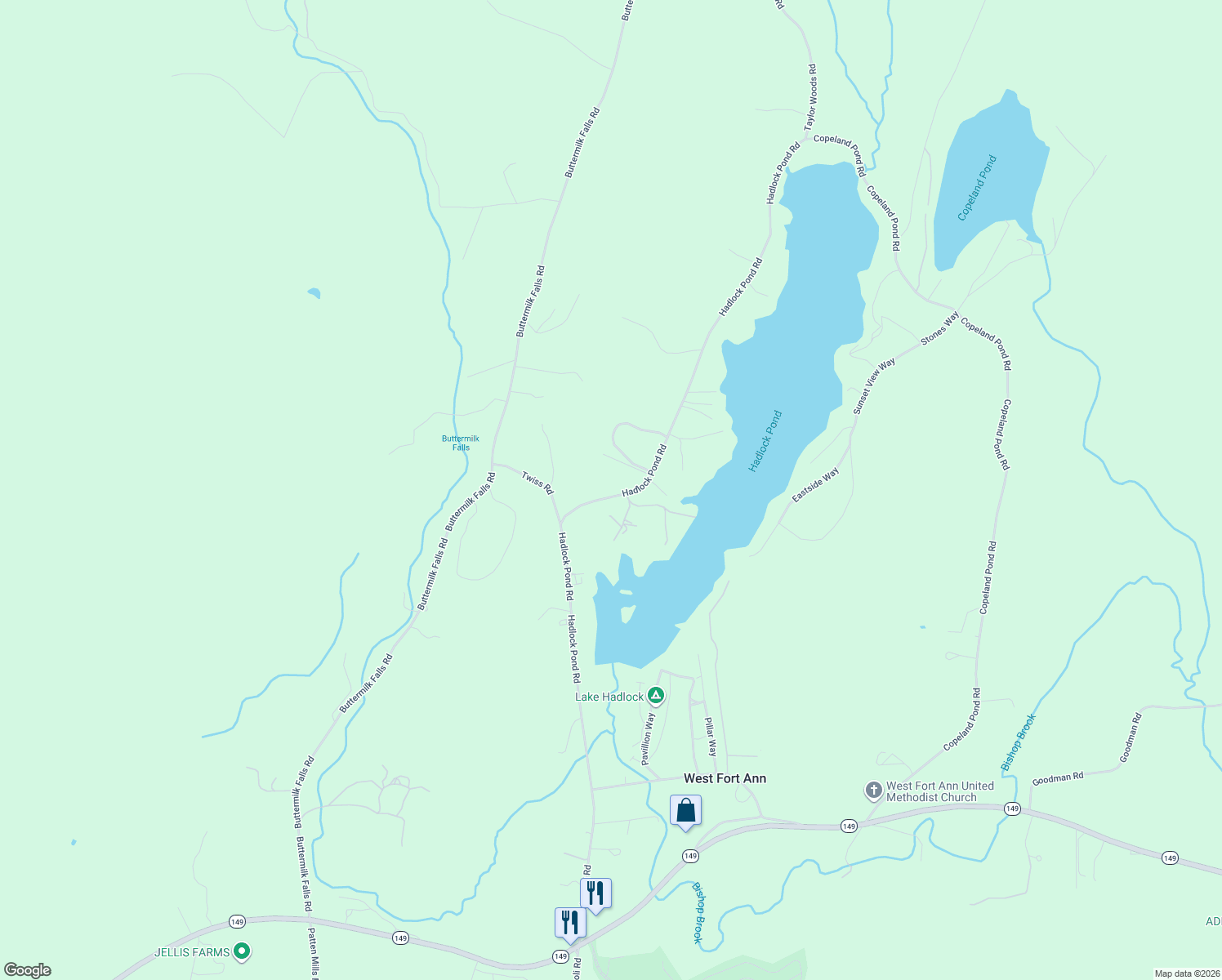 map of restaurants, bars, coffee shops, grocery stores, and more near 277 Hadlock Pond Road in Fort Ann
