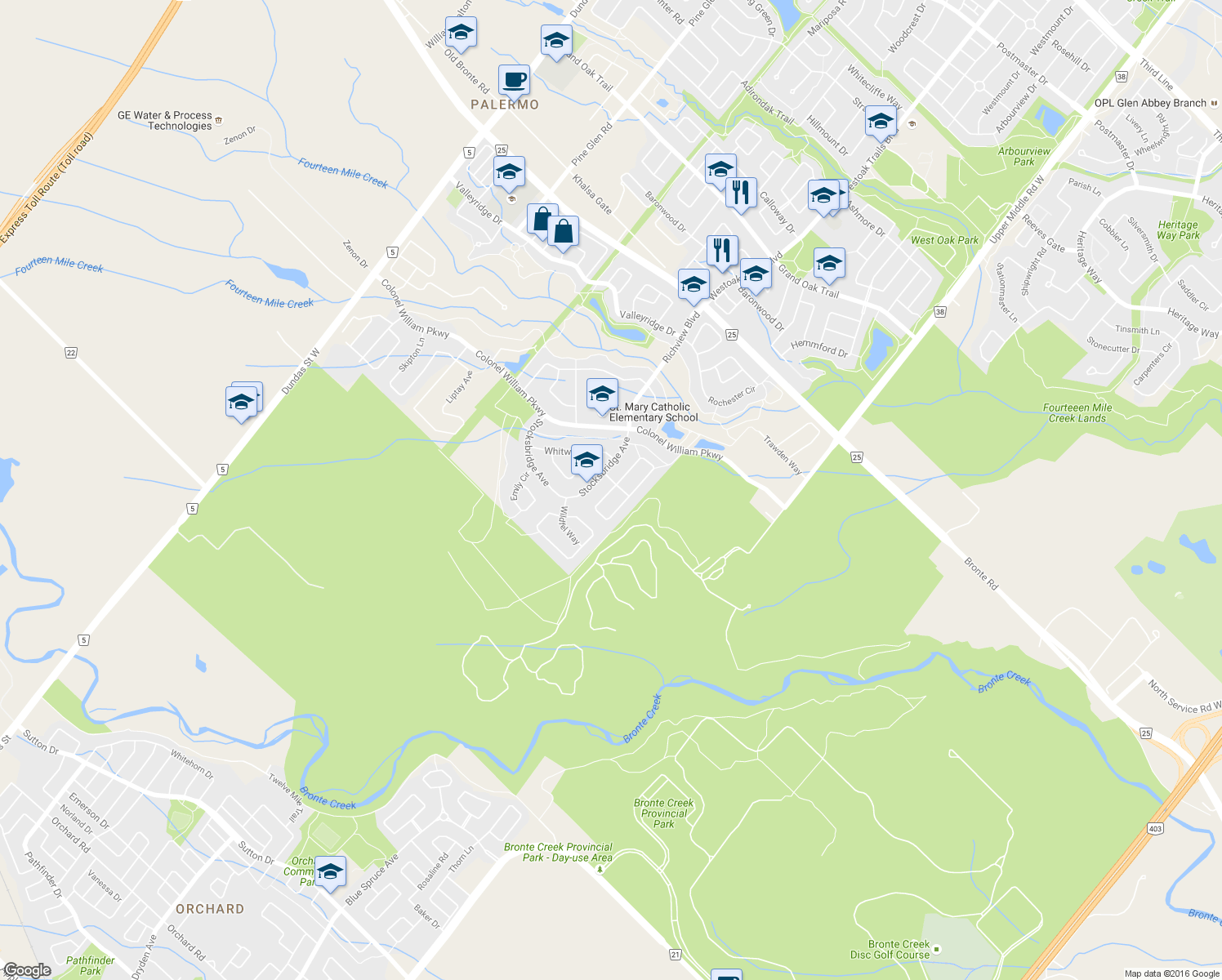 map of restaurants, bars, coffee shops, grocery stores, and more near 3260 Ribble Crescent in Oakville