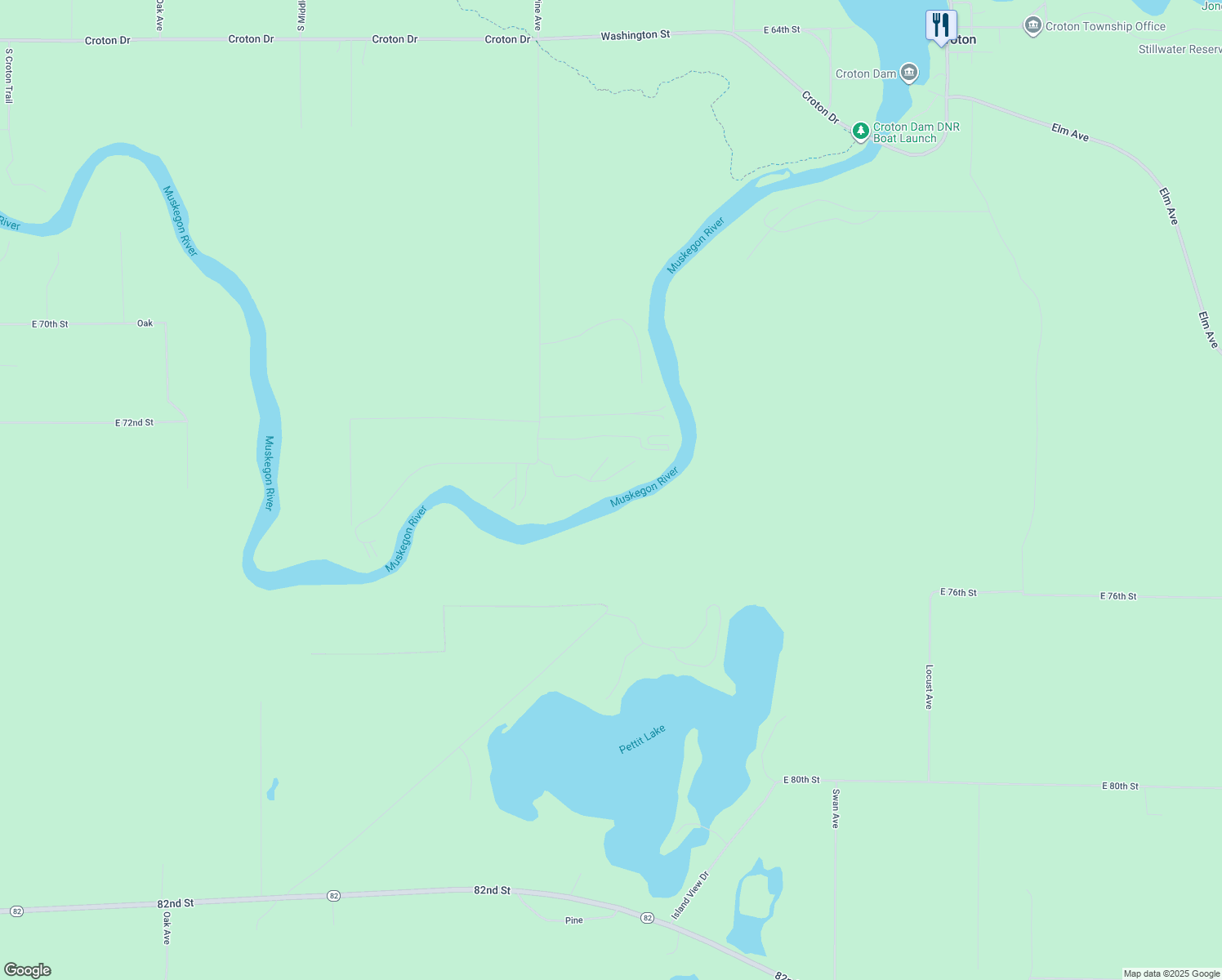 map of restaurants, bars, coffee shops, grocery stores, and more near 4986 Russell Road in Newaygo