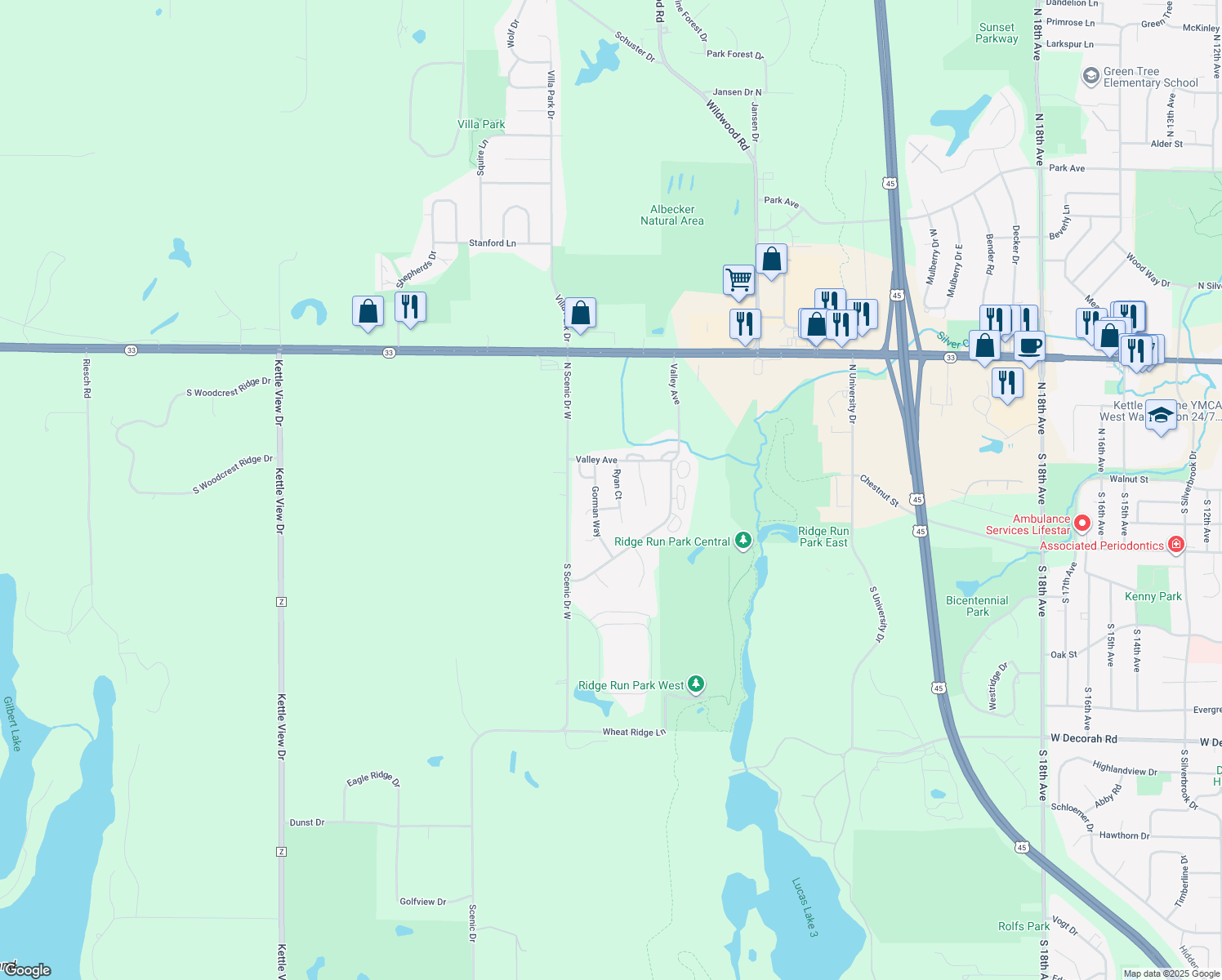map of restaurants, bars, coffee shops, grocery stores, and more near 200 Ryan Court in West Bend