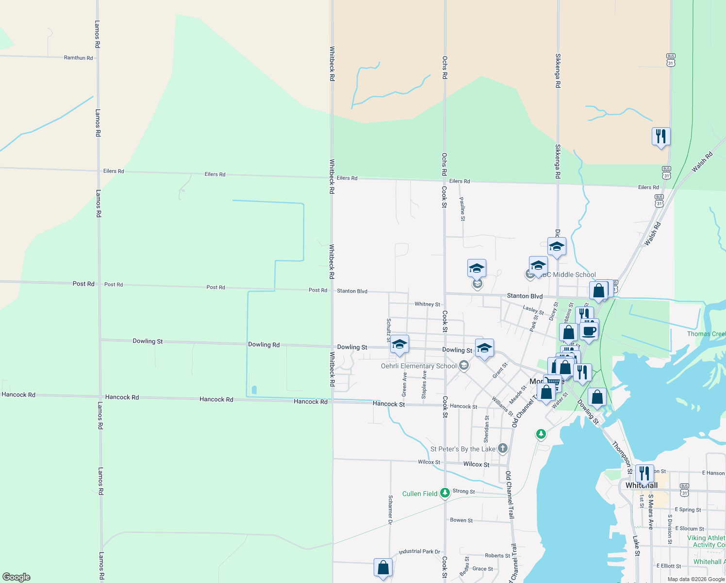 map of restaurants, bars, coffee shops, grocery stores, and more near 5305 Stanton Boulevard in Montague