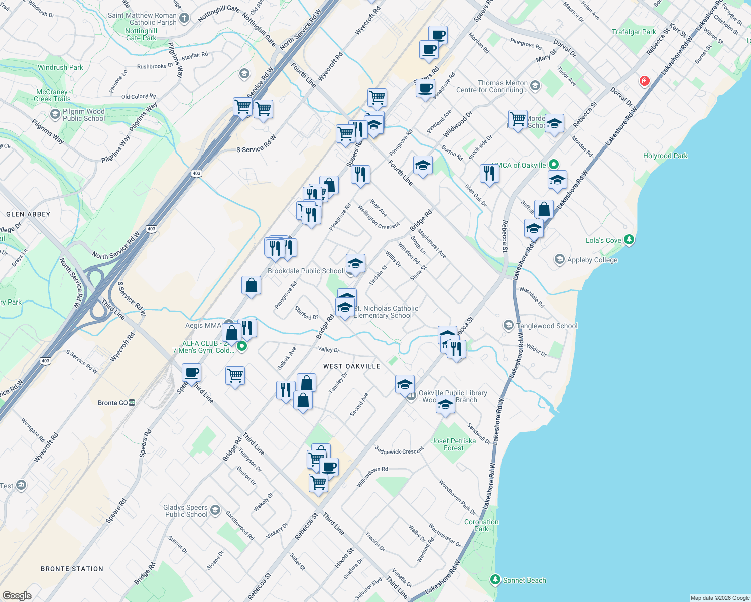 map of restaurants, bars, coffee shops, grocery stores, and more near 447 Tower Drive in Oakville