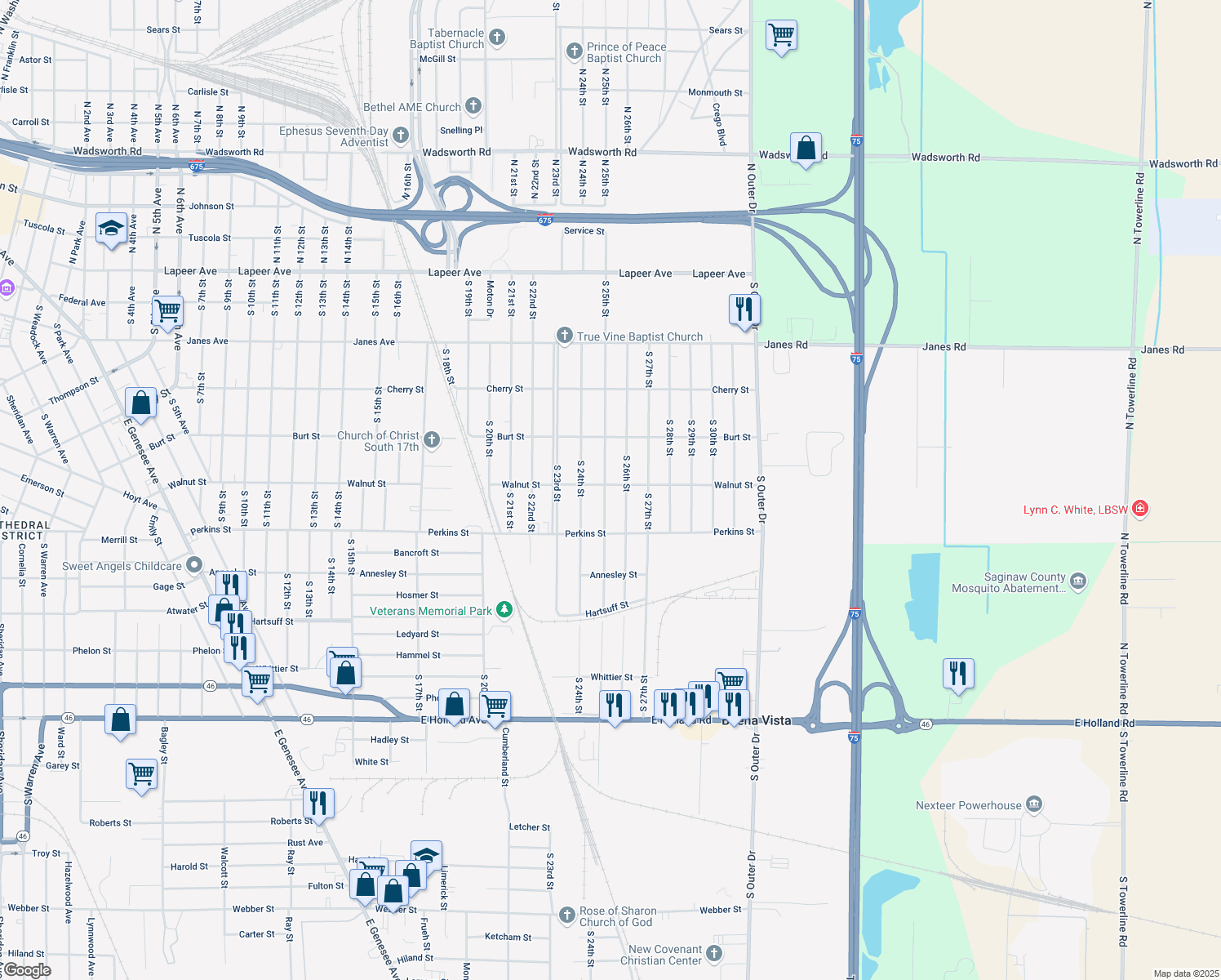 map of restaurants, bars, coffee shops, grocery stores, and more near 606 South 25th Street in Saginaw