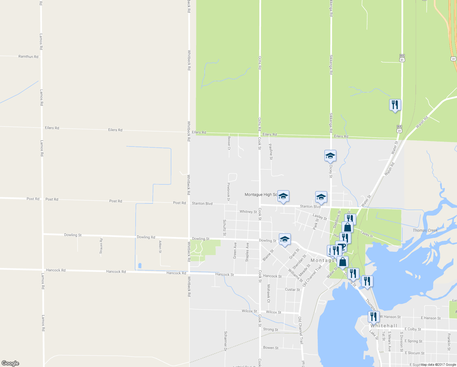 map of restaurants, bars, coffee shops, grocery stores, and more near 9137 Pinebrook Drive in Montague