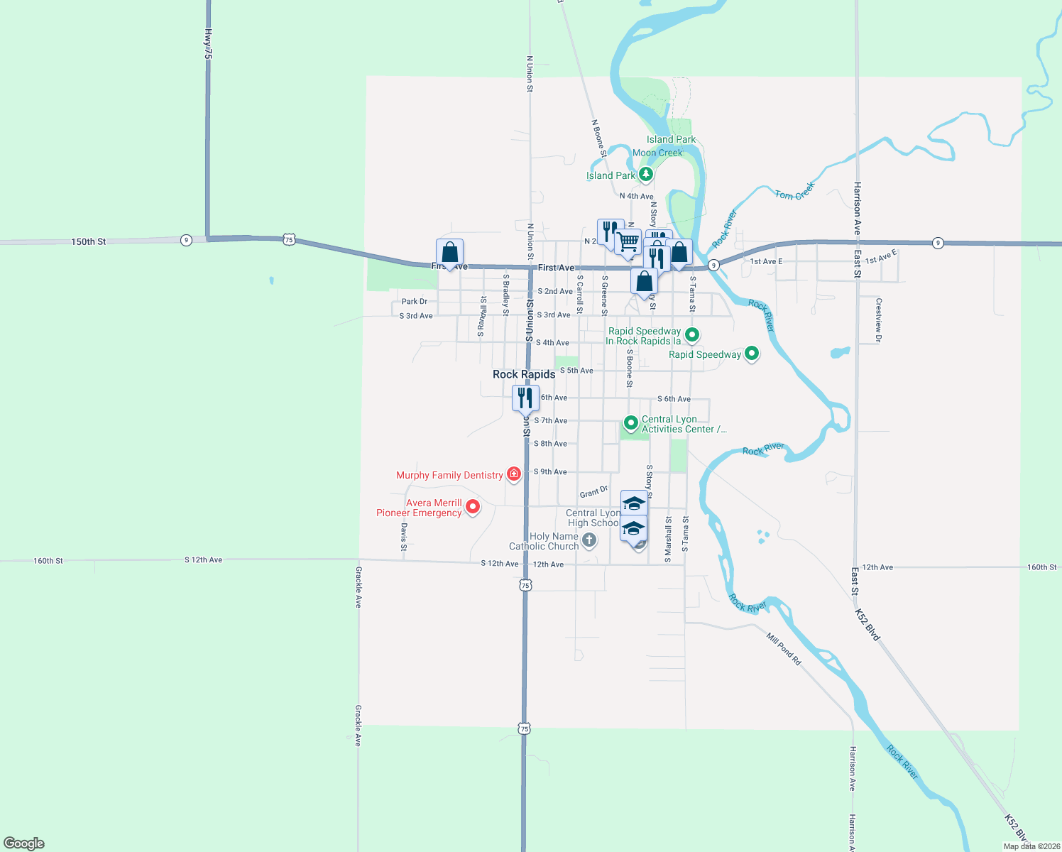 map of restaurants, bars, coffee shops, grocery stores, and more near 702 South Union Street in Rock Rapids