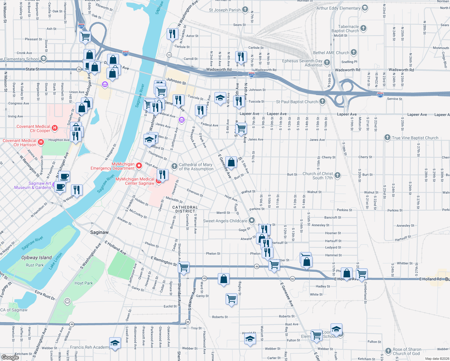 map of restaurants, bars, coffee shops, grocery stores, and more near 644 South Park Avenue in Saginaw