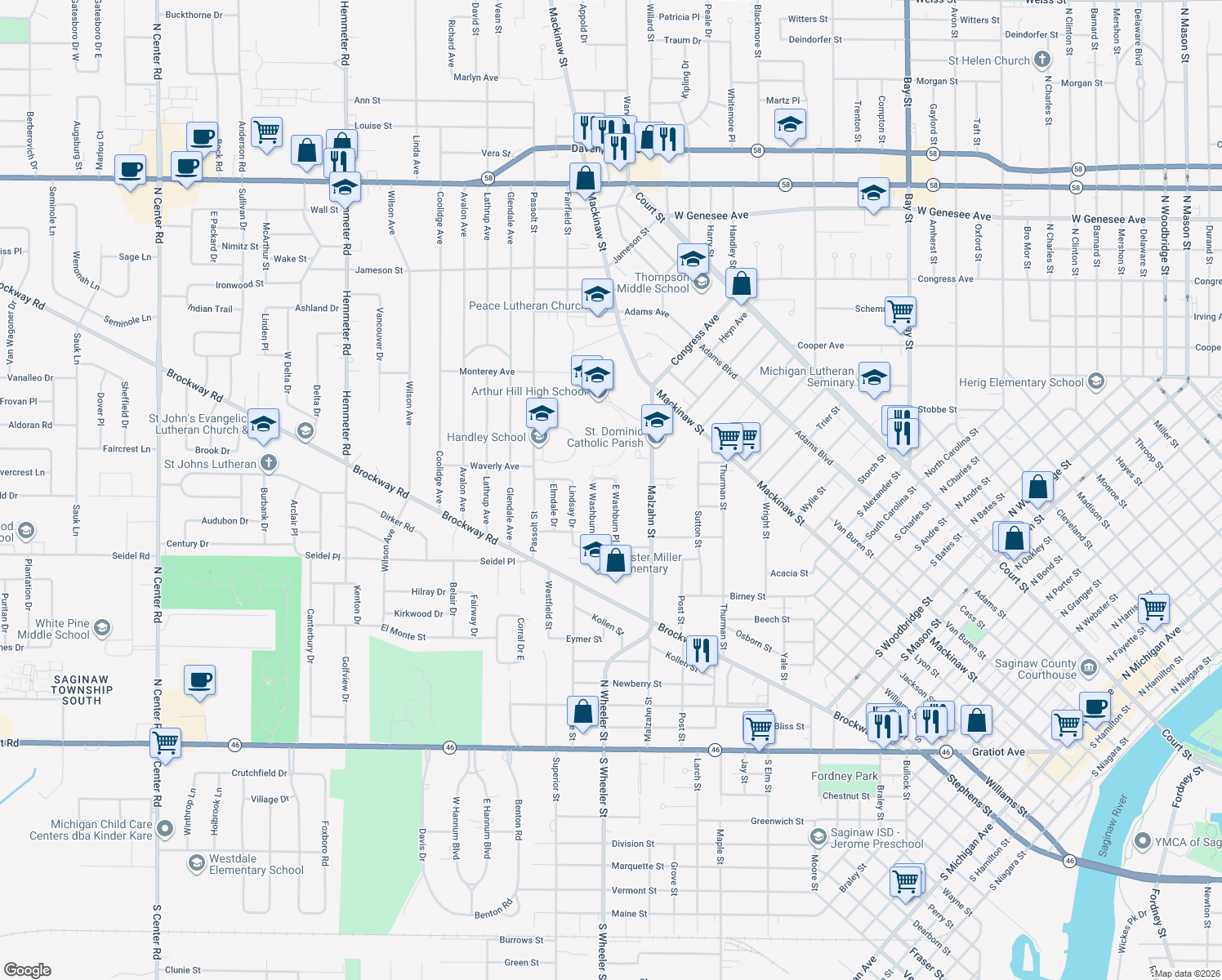 map of restaurants, bars, coffee shops, grocery stores, and more near 1135 East Washburn Place in Saginaw