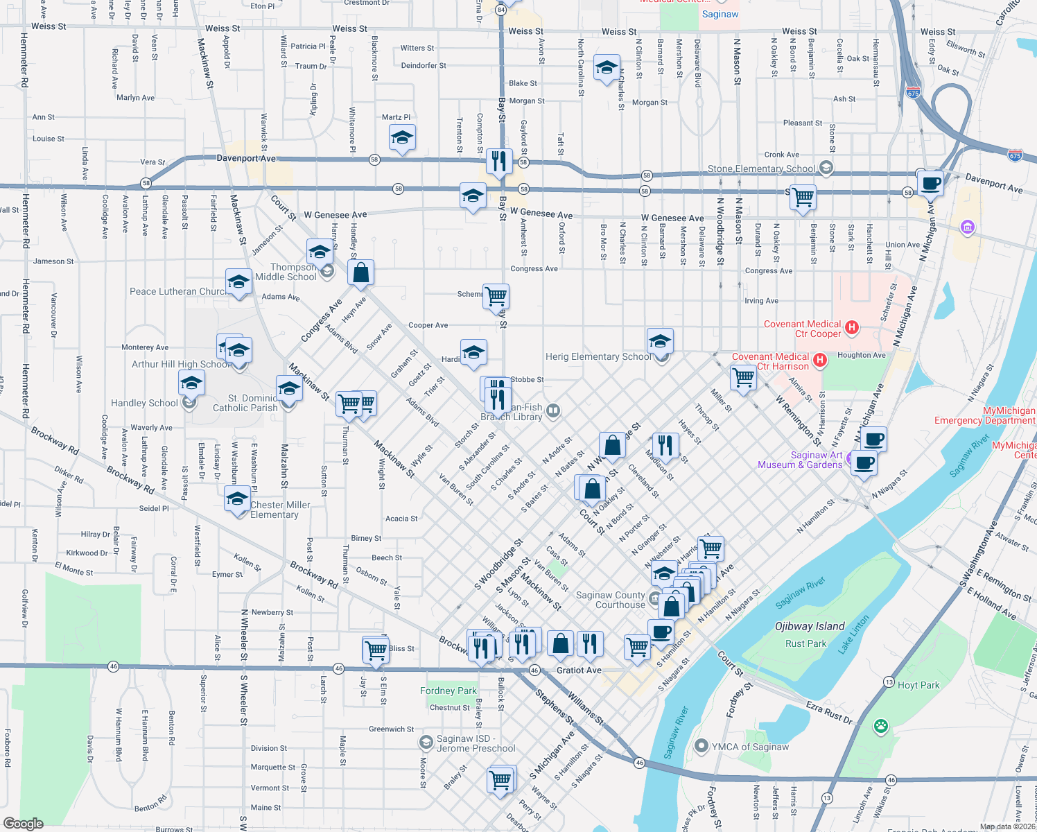 map of restaurants, bars, coffee shops, grocery stores, and more near 126 N Alexander St in Saginaw