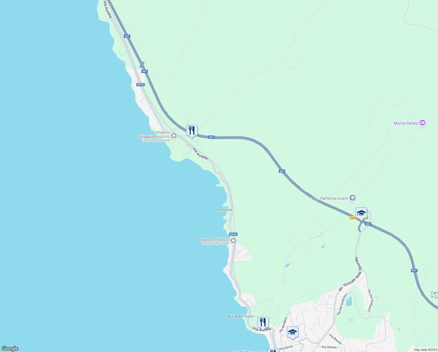 map of restaurants, bars, coffee shops, grocery stores, and more near 1113 Via Aurelia in Provincia di Livorno