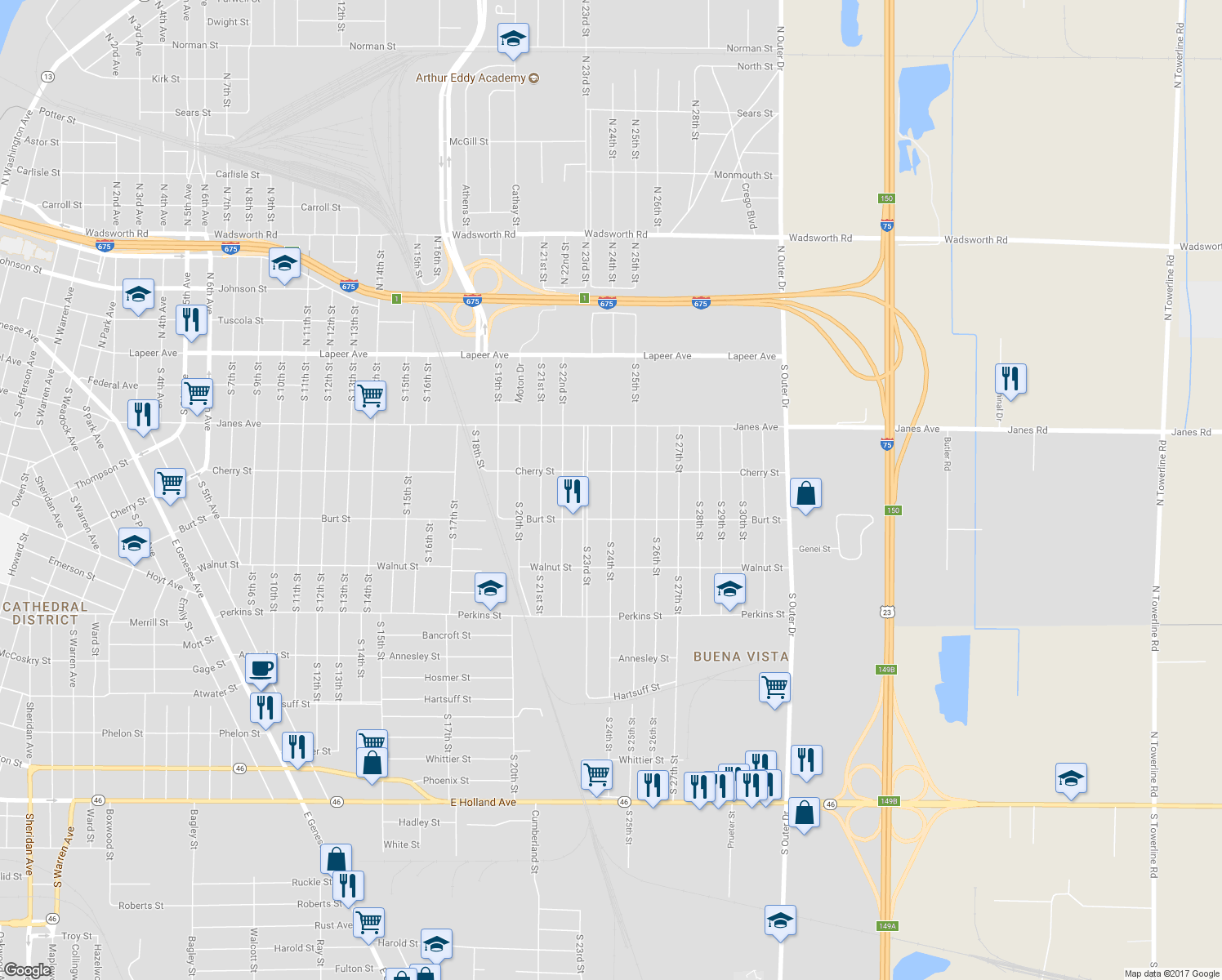 map of restaurants, bars, coffee shops, grocery stores, and more near 424 South 24th Street in Saginaw