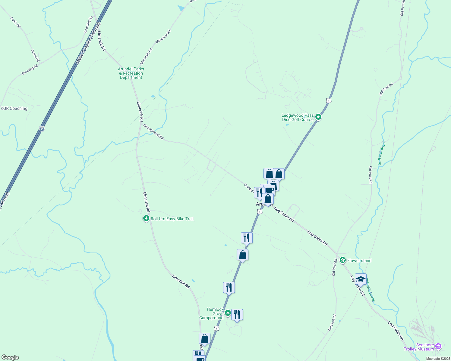 map of restaurants, bars, coffee shops, grocery stores, and more near 13 Hill Top Drive in Arundel